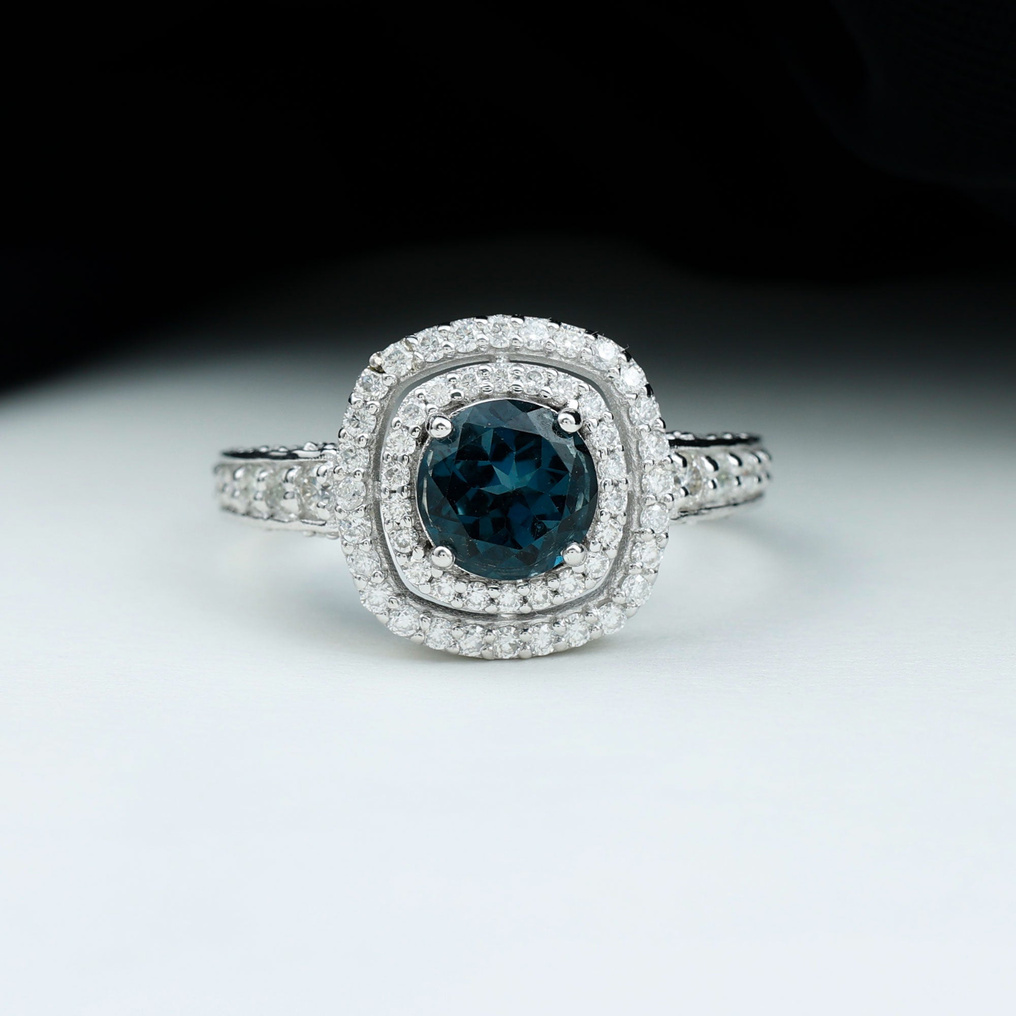 London Blue Topaz Engagement Ring with Moissanite Double Halo London Blue Topaz - ( AAA ) - Quality - Rosec Jewels