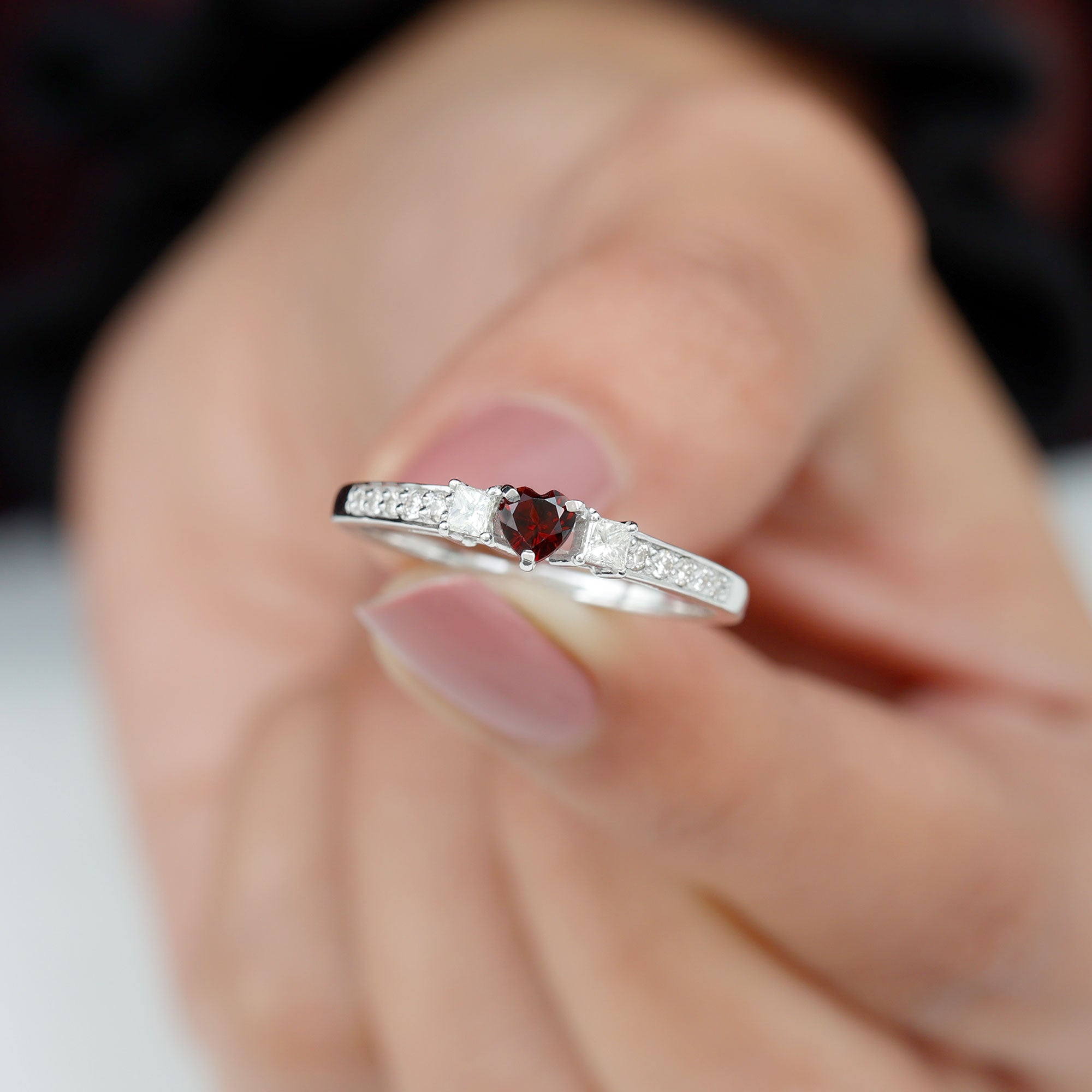 Three Stone Engagement Ring with Heart Shape Garnet and Diamond Garnet - ( AAA ) - Quality - Rosec Jewels