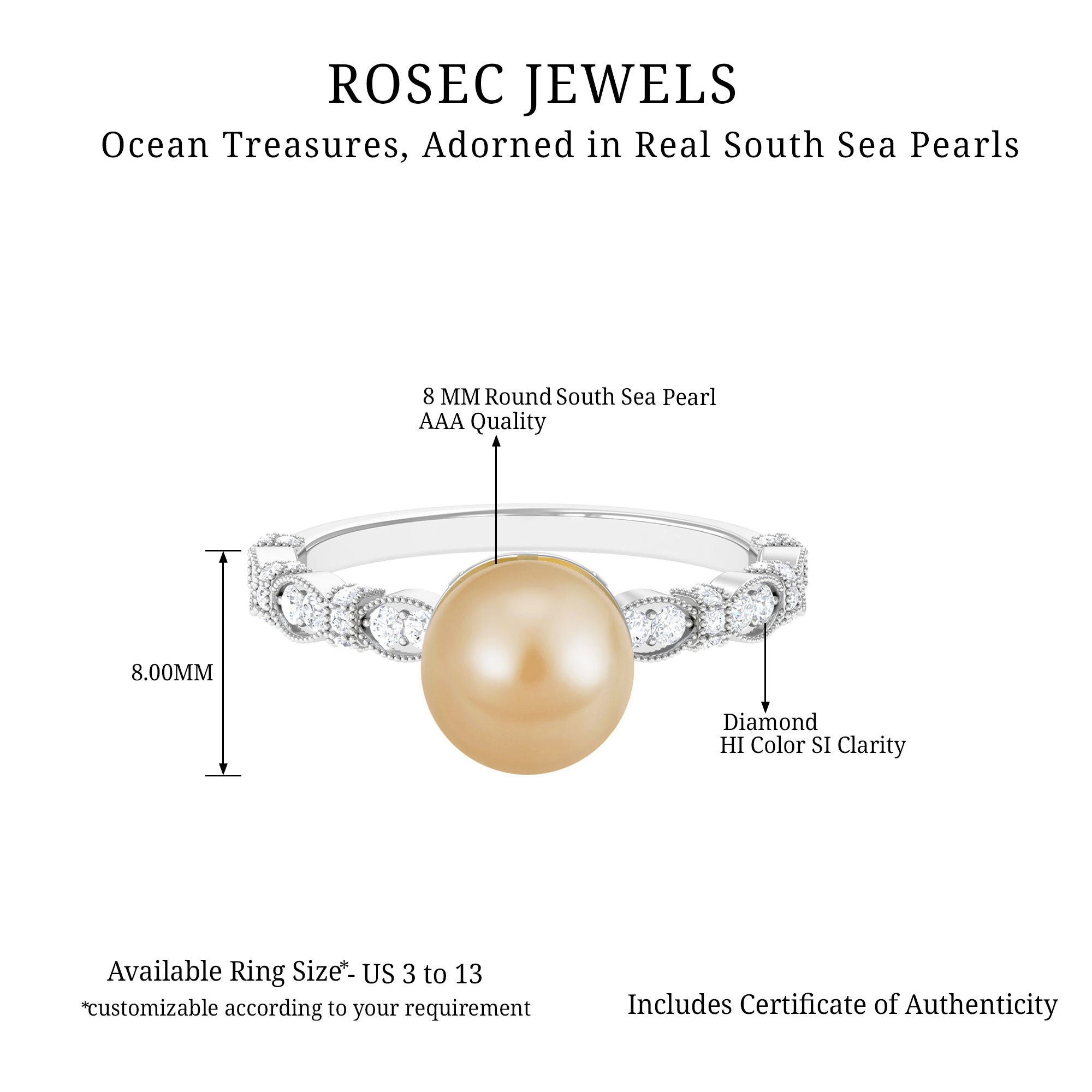 Golden South Sea Pearl Engagement Ring with Diamond South Sea Pearl - ( AAA ) - Quality - Rosec Jewels