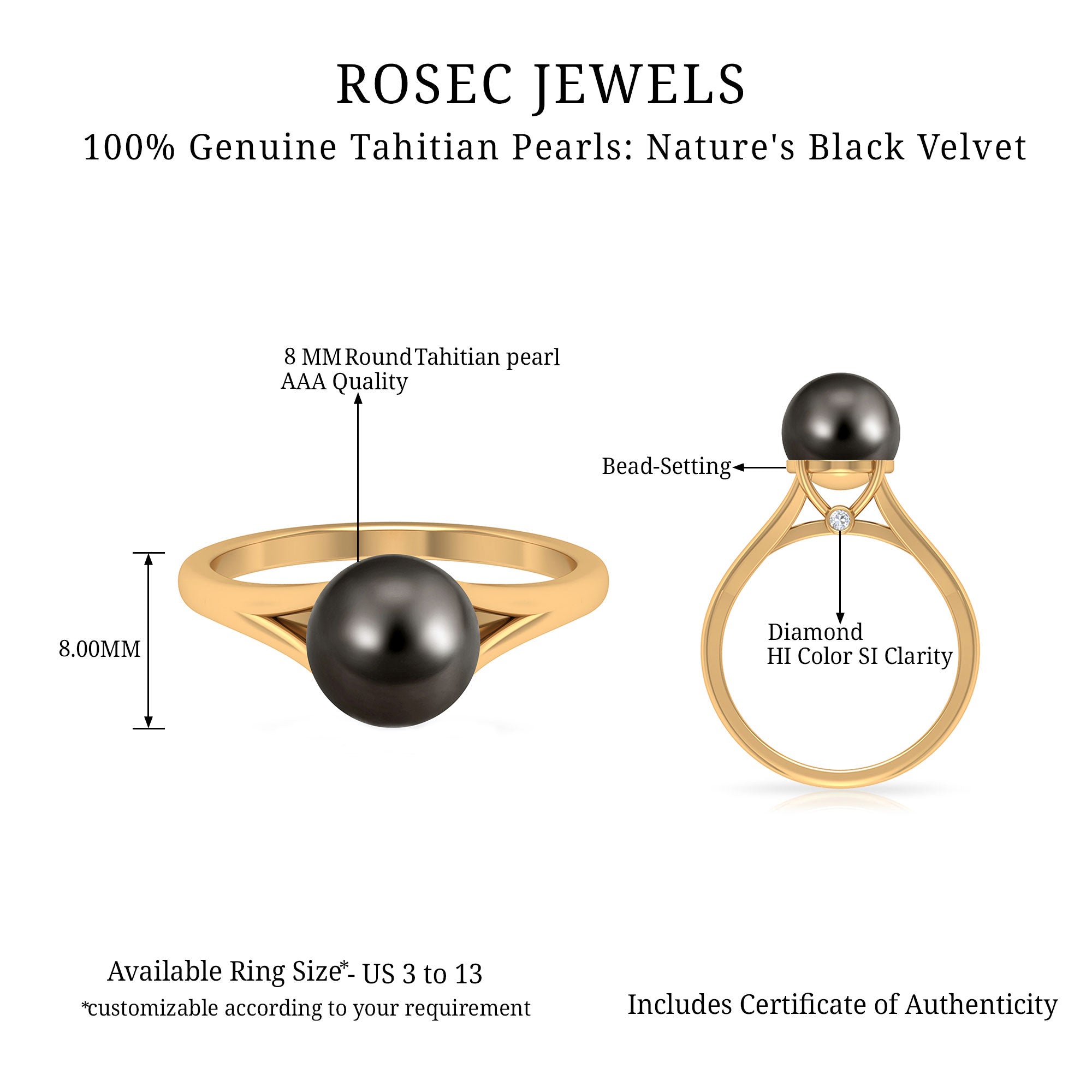 Tahitian Pearl Solitaire with Diamond Ring Tahitian pearl - ( AAA ) - Quality - Rosec Jewels