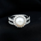 Freshwater Pearl and Moissanite Halo Wedding Ring Set in Gold Freshwater Pearl - ( AAA ) - Quality - Rosec Jewels