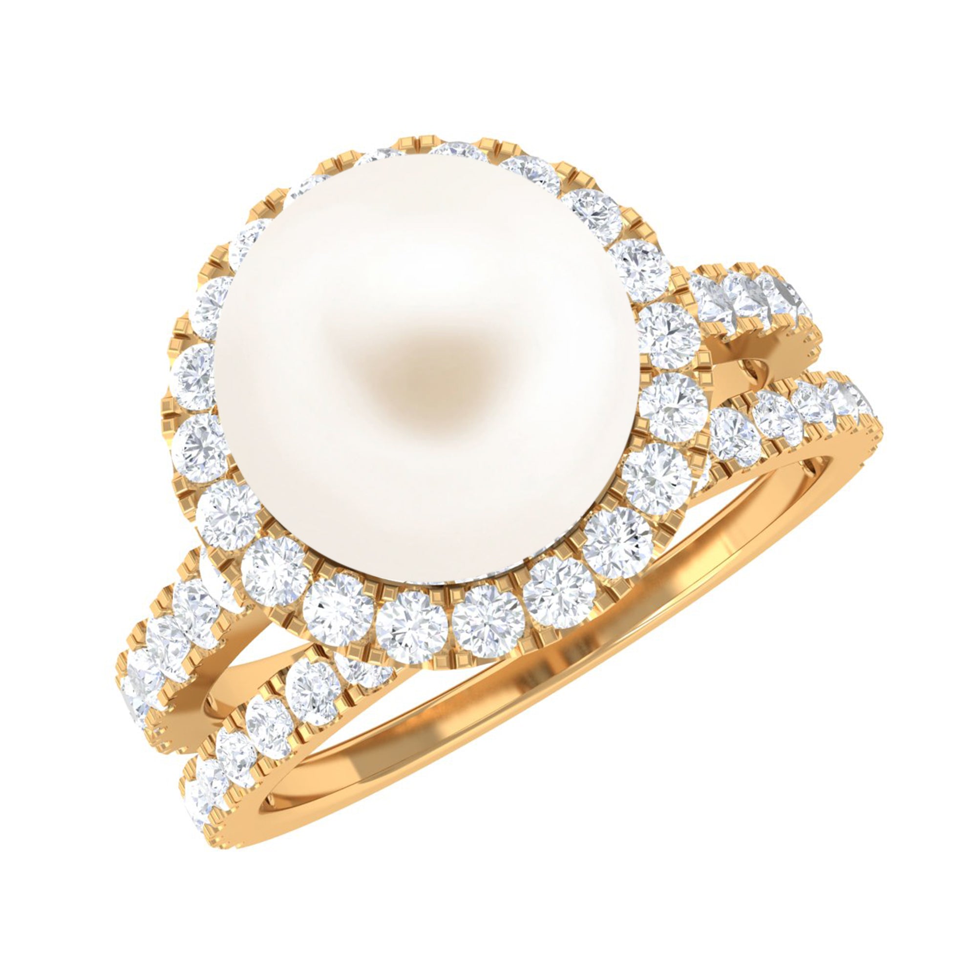 Freshwater Pearl and Moissanite Halo Wedding Ring Set in Gold Freshwater Pearl - ( AAA ) - Quality - Rosec Jewels