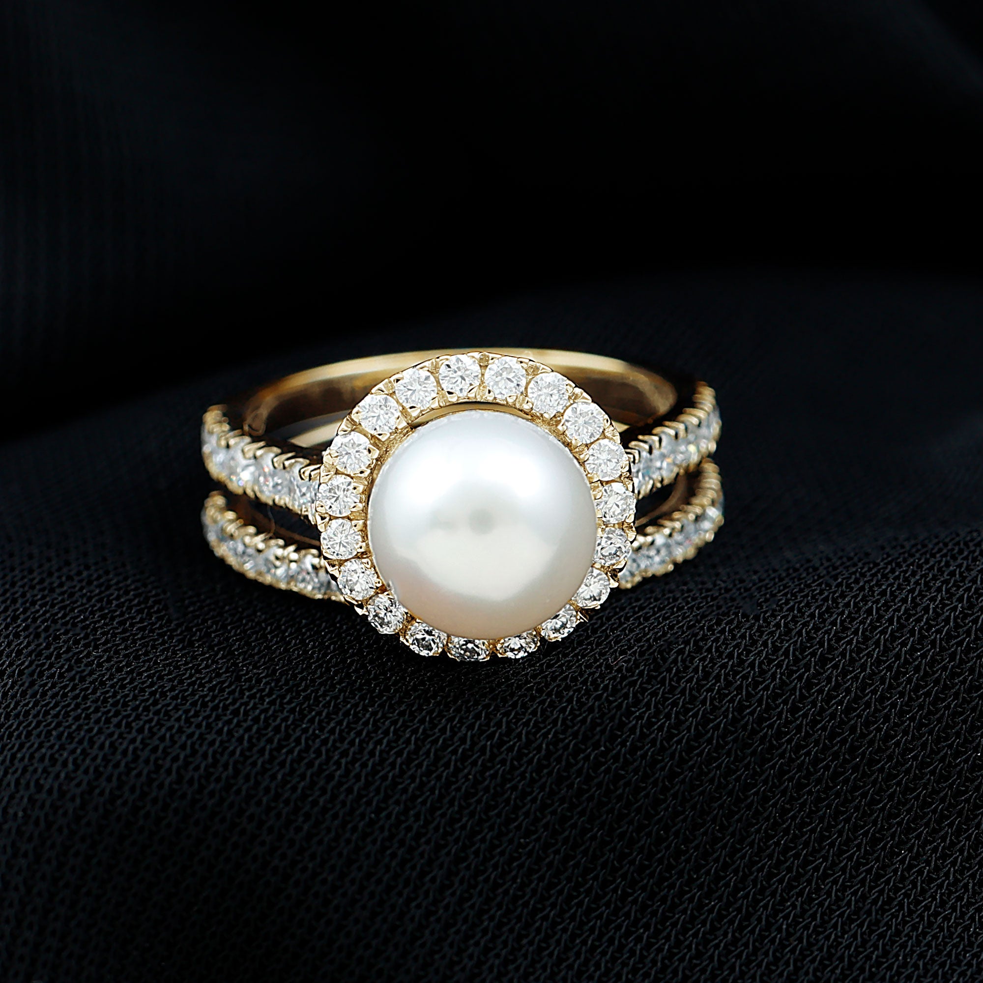 Freshwater Pearl and Moissanite Halo Wedding Ring Set in Gold Freshwater Pearl - ( AAA ) - Quality - Rosec Jewels