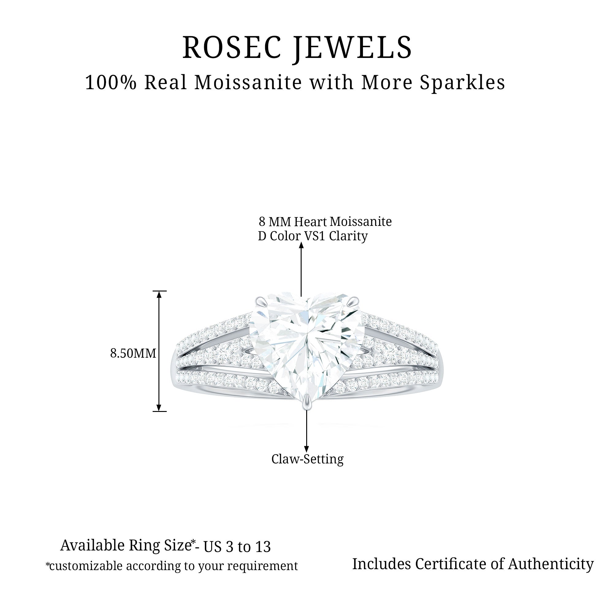 2.50 CT Split Shank Moissanite Heart Designer Engagement Ring Moissanite - ( D-VS1 ) - Color and Clarity - Rosec Jewels