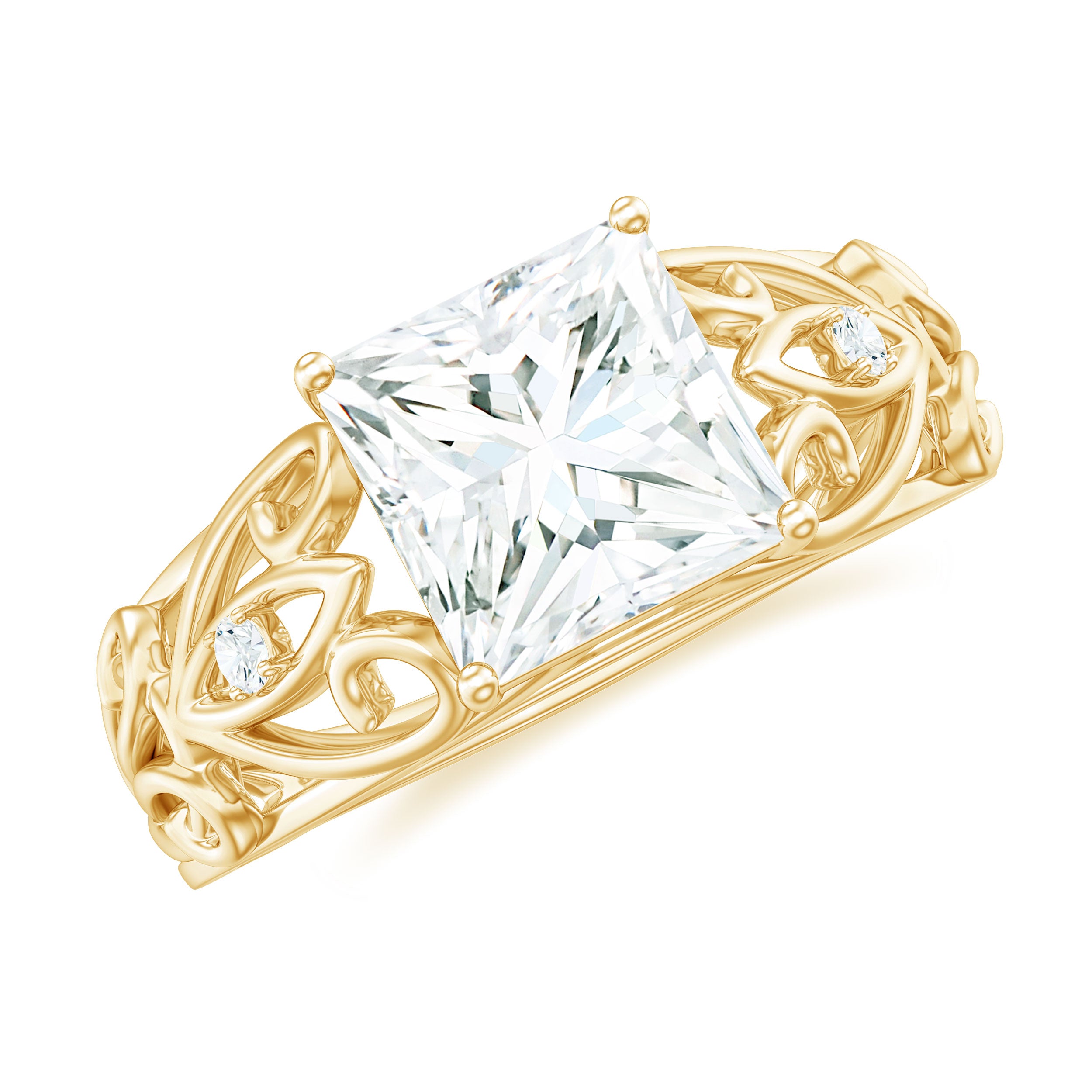 Princess Cut Moissanite Solitaire Antique Style Ring in Gold Moissanite - ( D-VS1 ) - Color and Clarity - Rosec Jewels