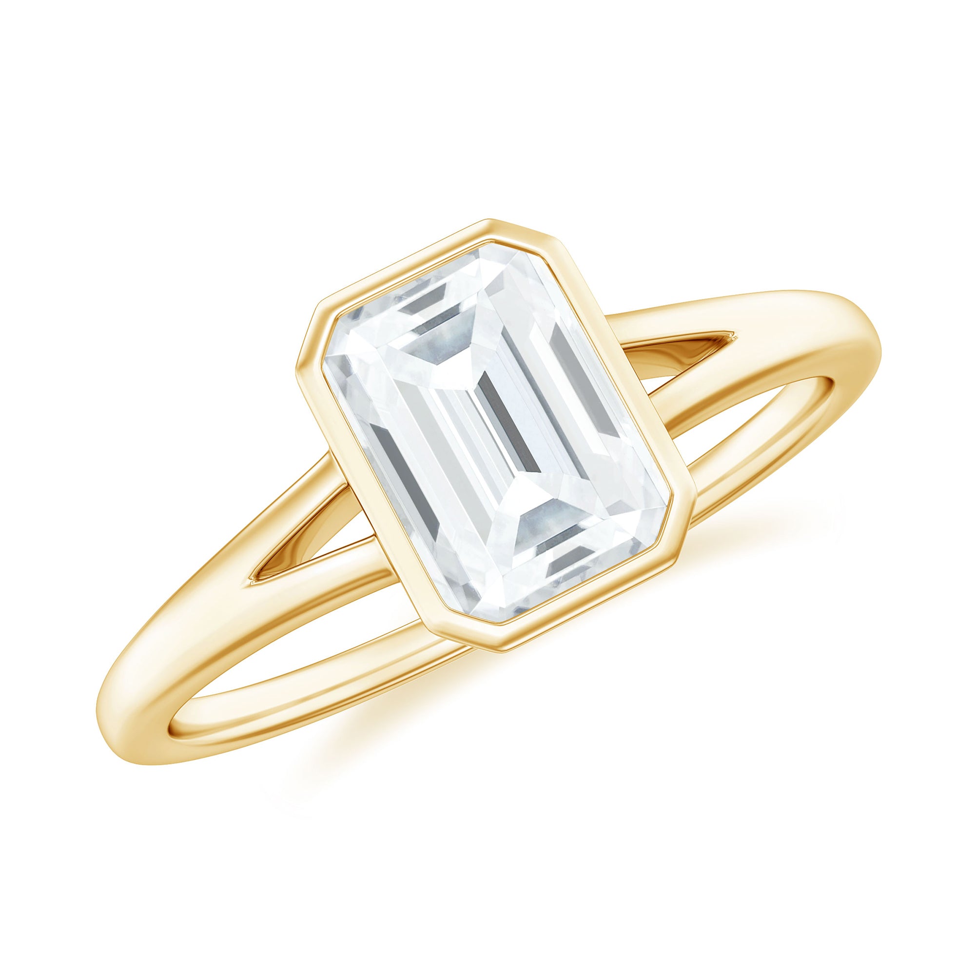 Bezel Set Emerald Cut Moissanite Solitaire Promise Ring in Spilt Shank Moissanite - ( D-VS1 ) - Color and Clarity - Rosec Jewels