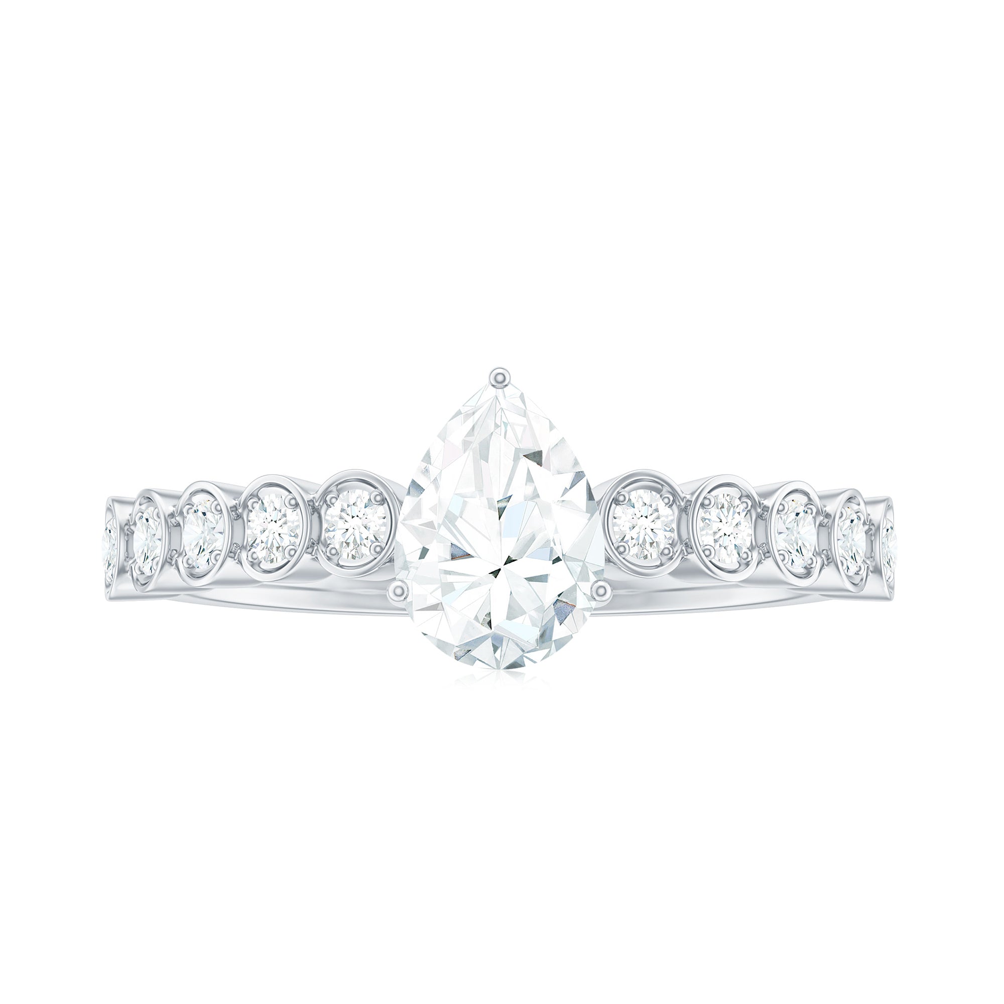 Pear Shaped Moissanite Solitaire Ring with Side Stones Moissanite - ( D-VS1 ) - Color and Clarity - Rosec Jewels