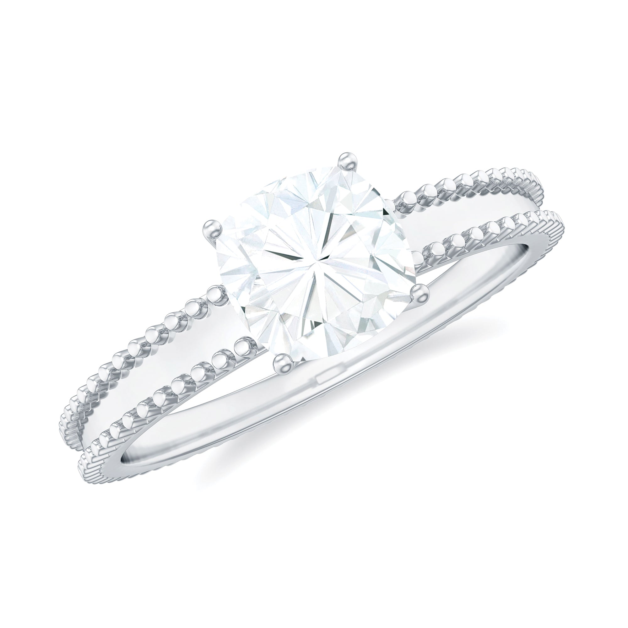 Cushion Cut Moissanite Solitaire Ring with Beaded Moissanite - ( D-VS1 ) - Color and Clarity - Rosec Jewels