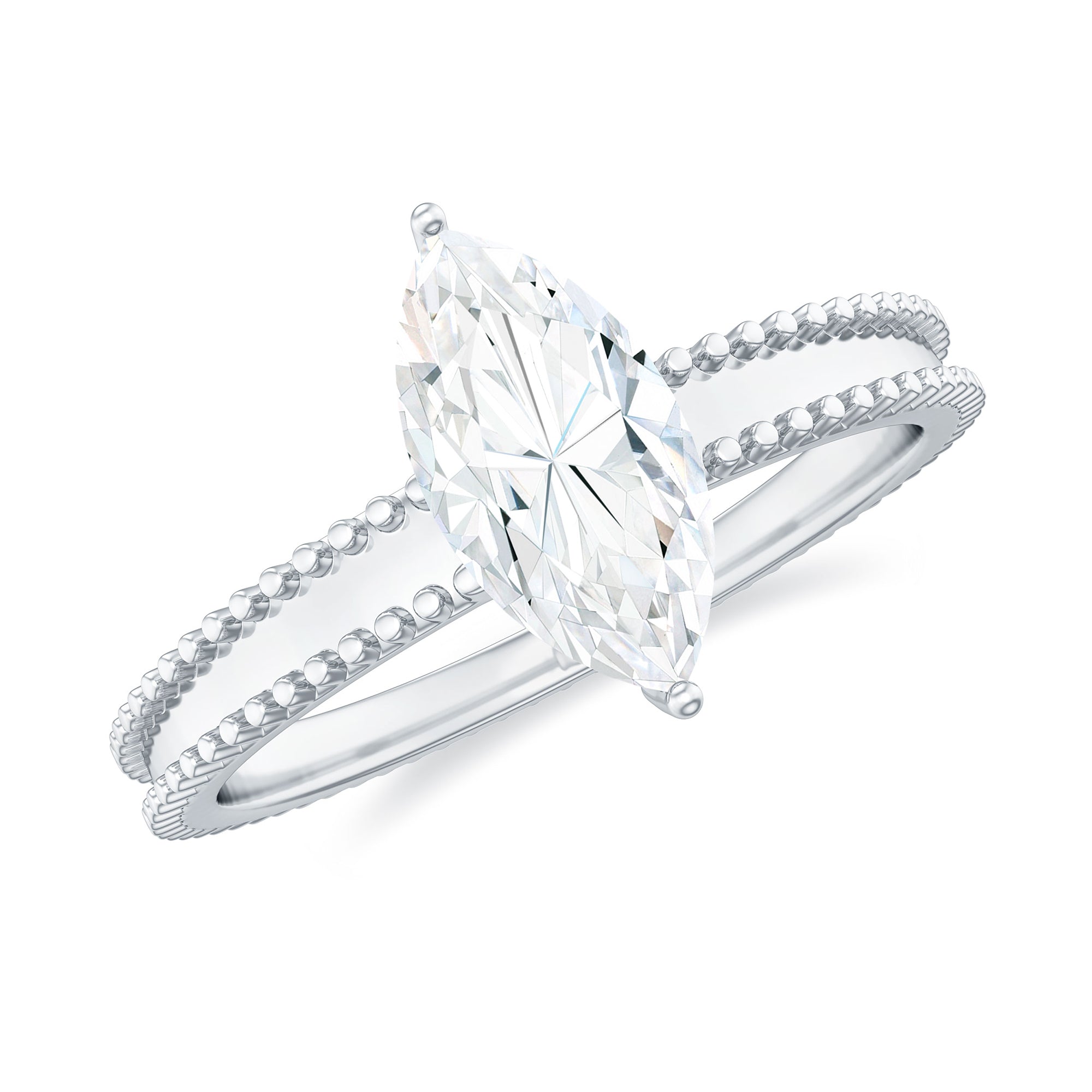 Marquise Cut Moissanite Solitaire Ring with Beaded Details Moissanite - ( D-VS1 ) - Color and Clarity - Rosec Jewels