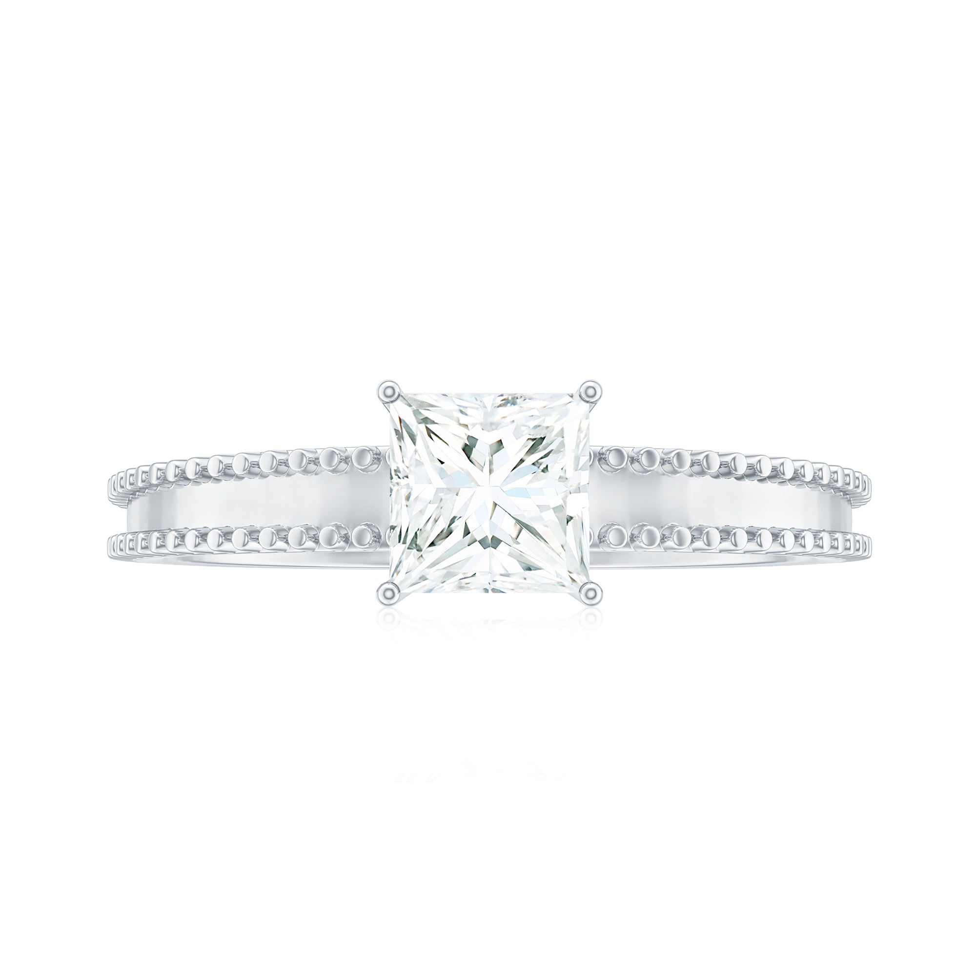 Princess Cut Moissanite Solitaire Ring with Beaded Details Moissanite - ( D-VS1 ) - Color and Clarity - Rosec Jewels