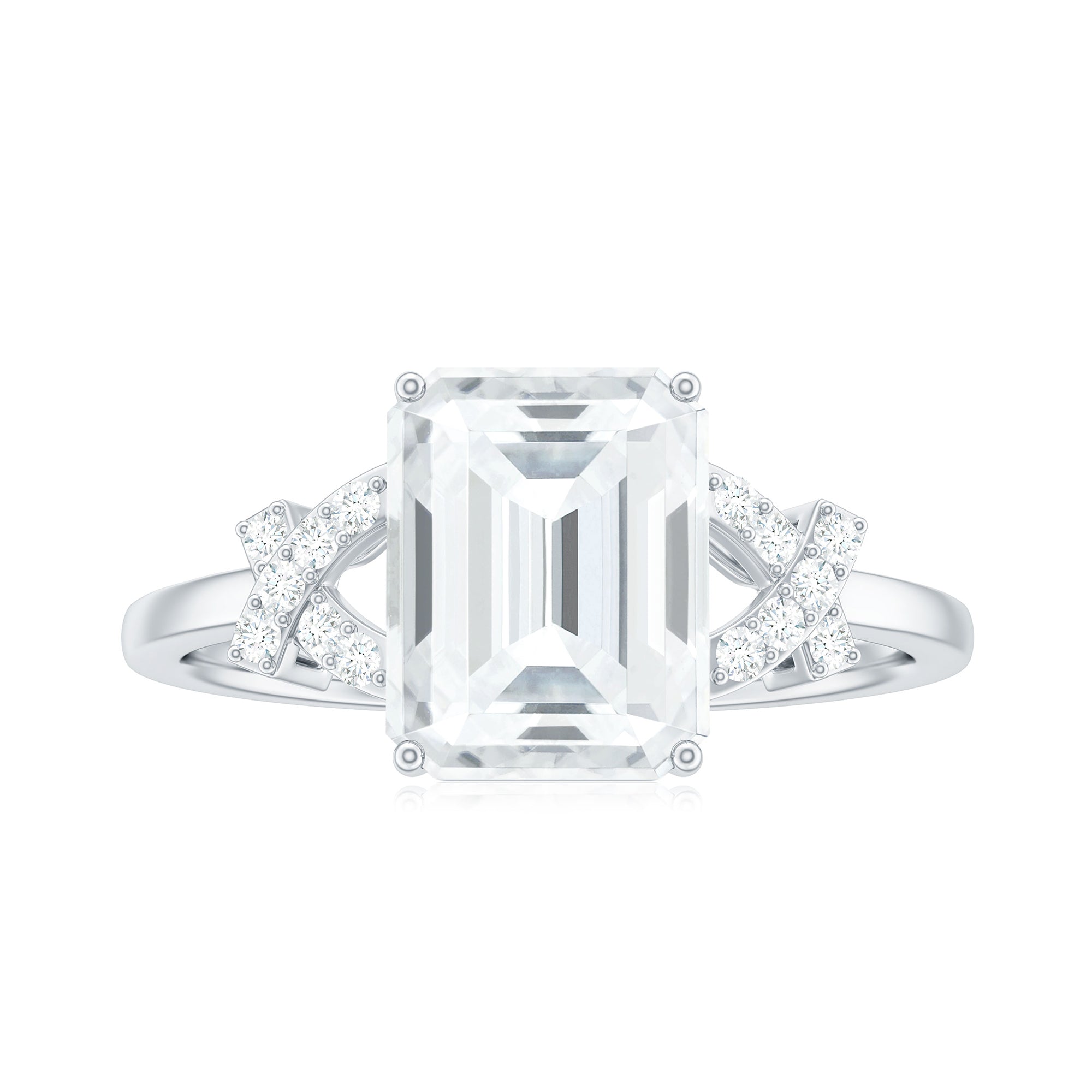 Emerald Cut Moissanite Solitaire Ring in Spilt Shank Moissanite - ( D-VS1 ) - Color and Clarity - Rosec Jewels