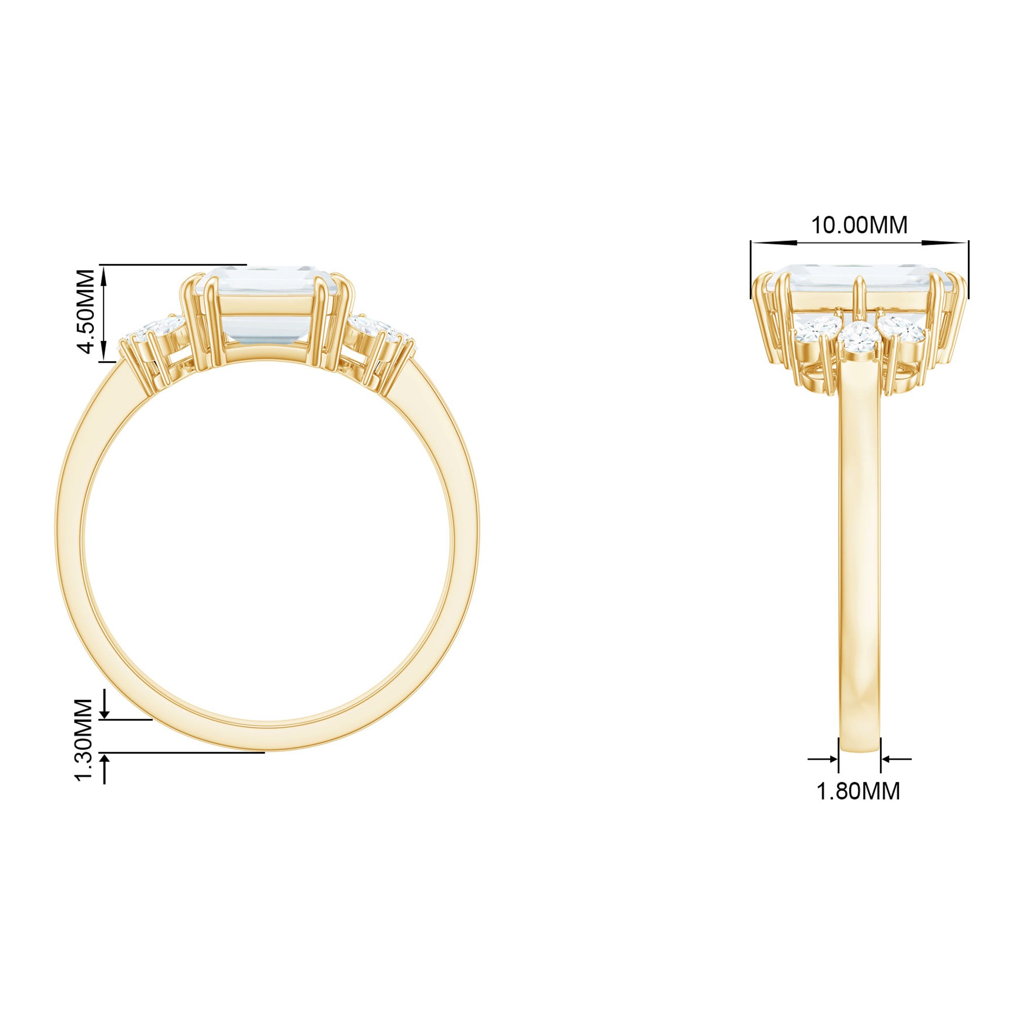 Emerald Cut Moissanite Solitaire Engagement Ring with Trio Moissanite - ( D-VS1 ) - Color and Clarity - Rosec Jewels