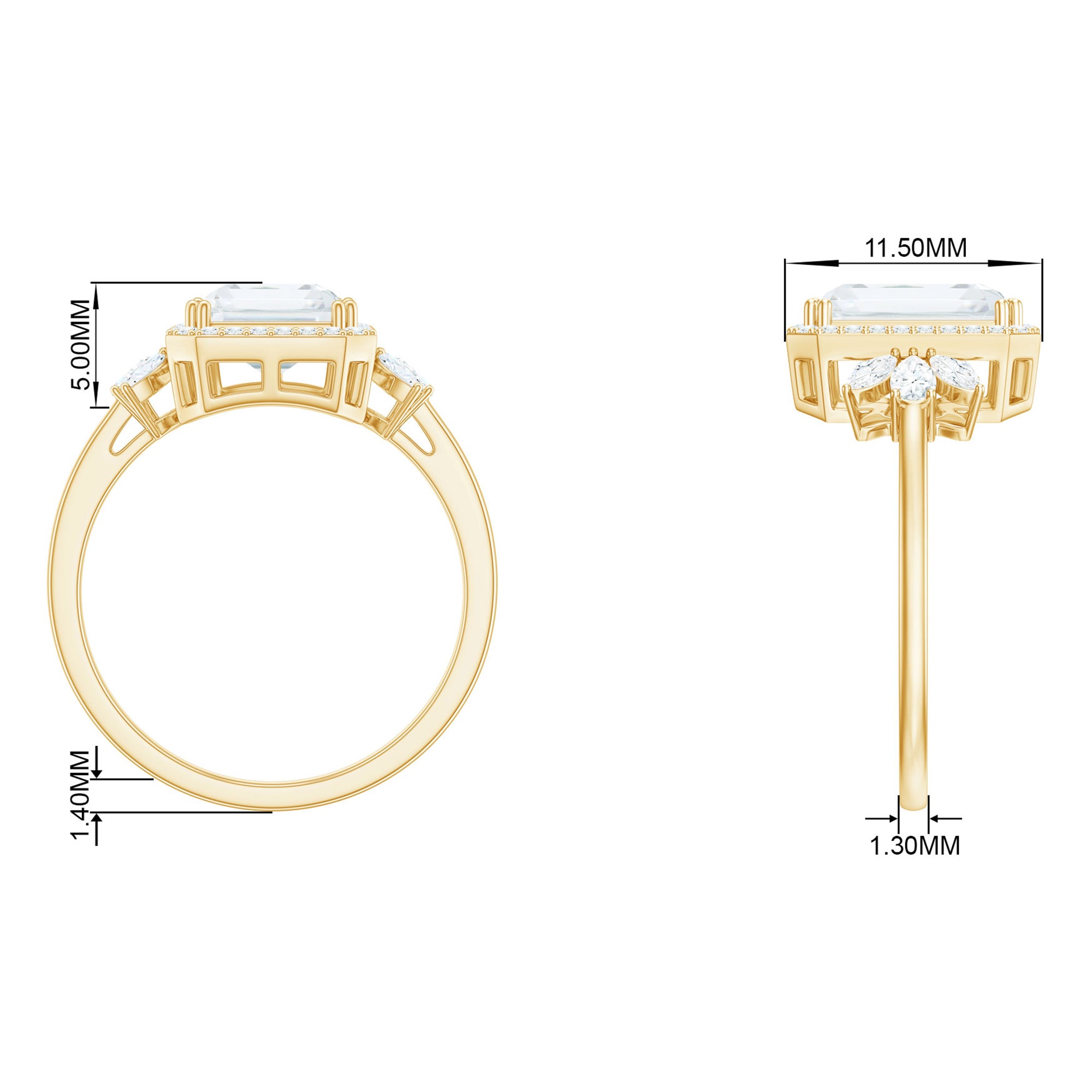 Emerald Cut Moissanite Engagement Ring with Halo Moissanite - ( D-VS1 ) - Color and Clarity - Rosec Jewels