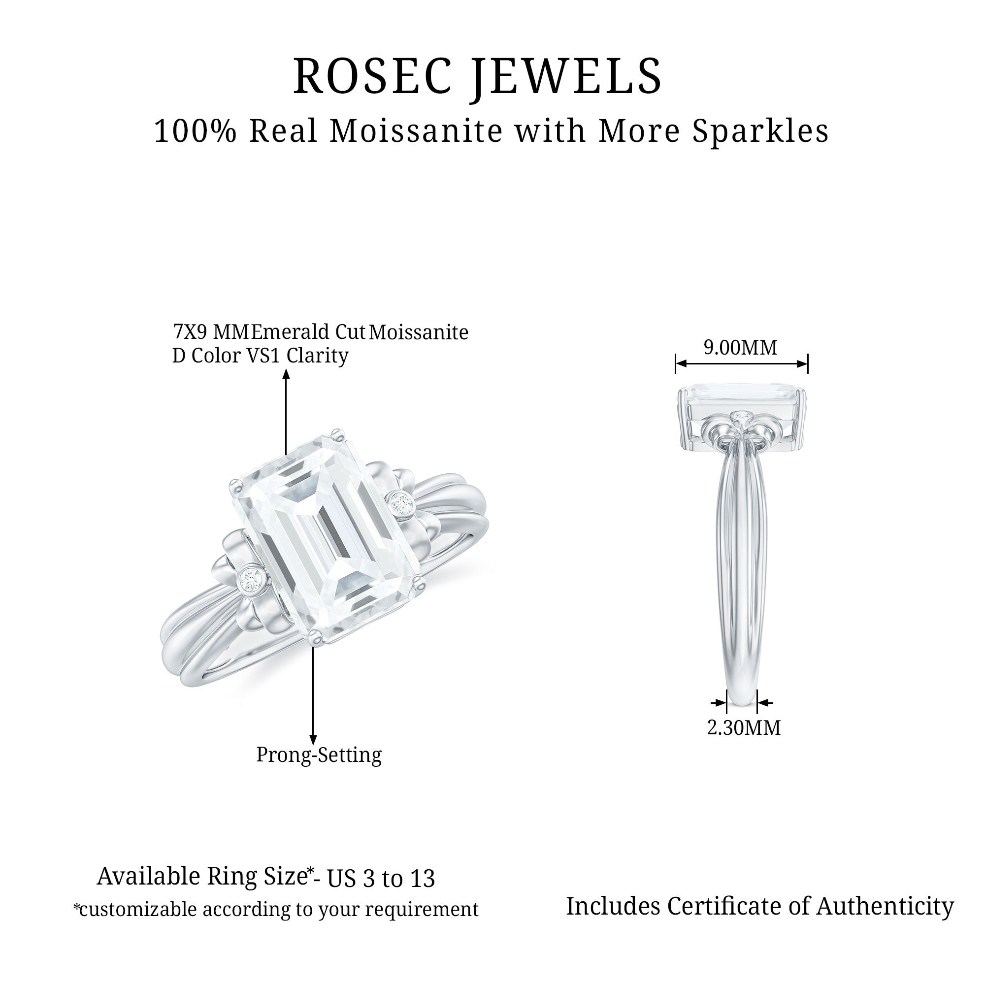 Emerald Cut Moissanite Solitaire Engagement Ring with Bow Moissanite - ( D-VS1 ) - Color and Clarity - Rosec Jewels