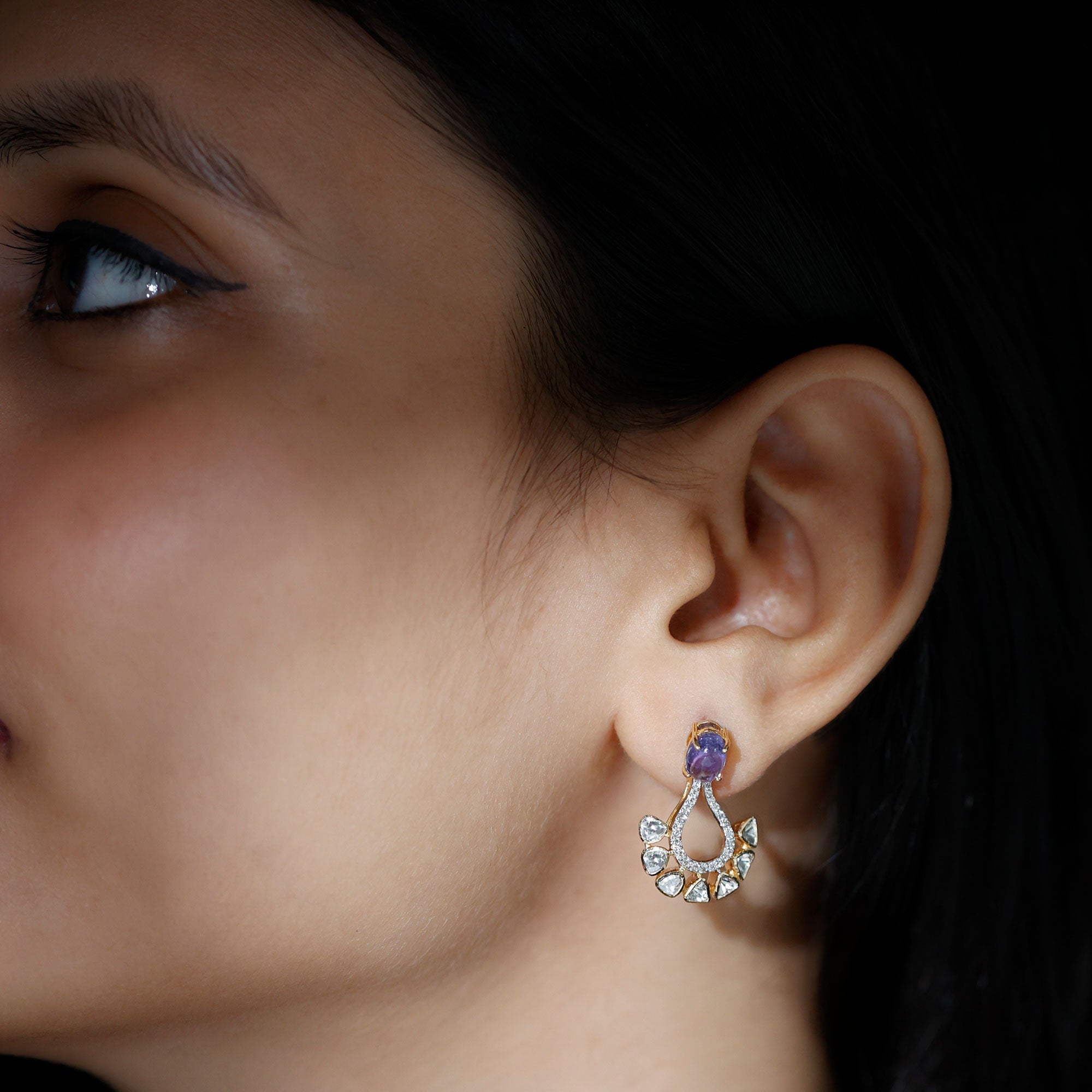 Polki Diamond and Tanzanite Teardrop Earrings in 18k Gold - Rosec Jewels