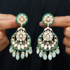 Jadau Polki Diamond Long Dangle Earrings with Synthetic Emerald and Pearl - Rosec Jewels