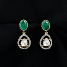 Polki Diamond Teardrop Earrings with Oval Emerald - Rosec Jewels