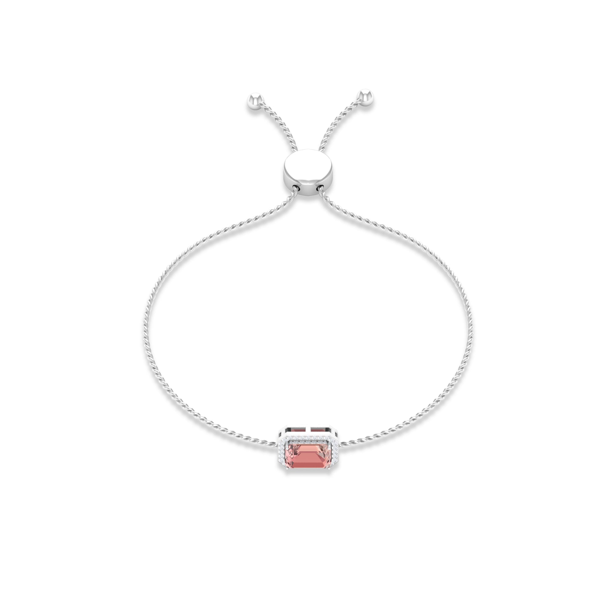 6X8 MM Emerald Cut Morganite Bolo Chain Bracelet with Diamond Accent Morganite - ( AAA ) - Quality - Rosec Jewels