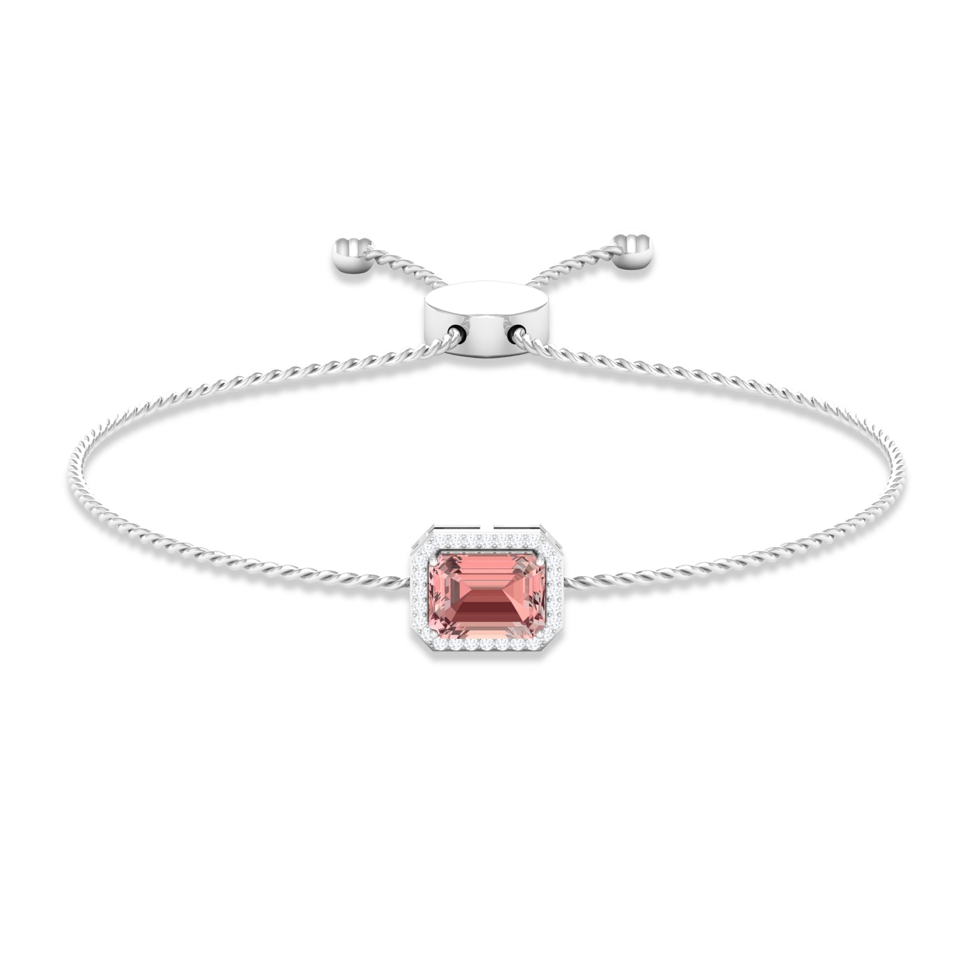 6X8 MM Emerald Cut Morganite Bolo Chain Bracelet with Diamond Accent Morganite - ( AAA ) - Quality - Rosec Jewels