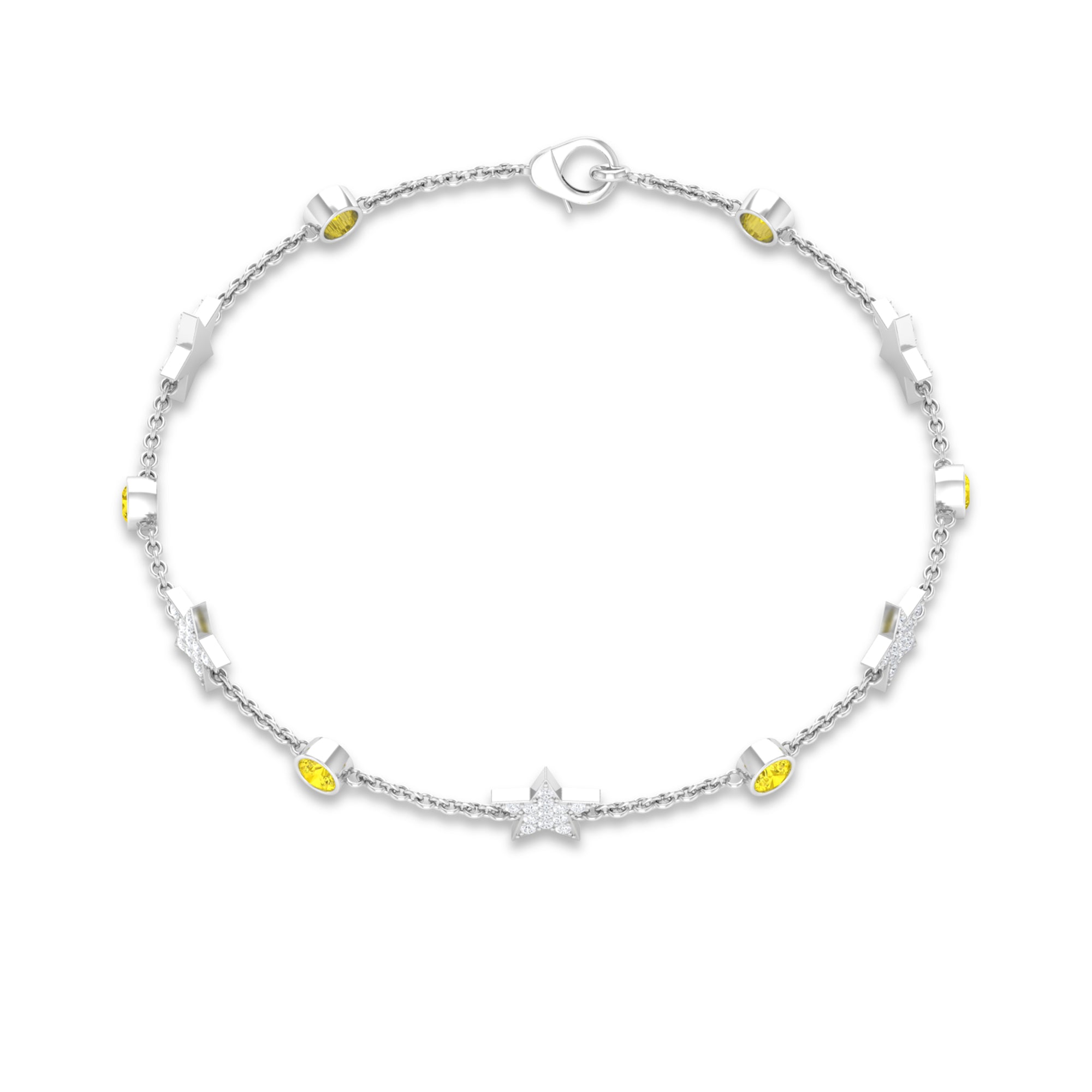 Round Yellow Sapphire and Diamond Star Station Chain Bracelet Yellow Sapphire - ( AAA ) - Quality - Rosec Jewels