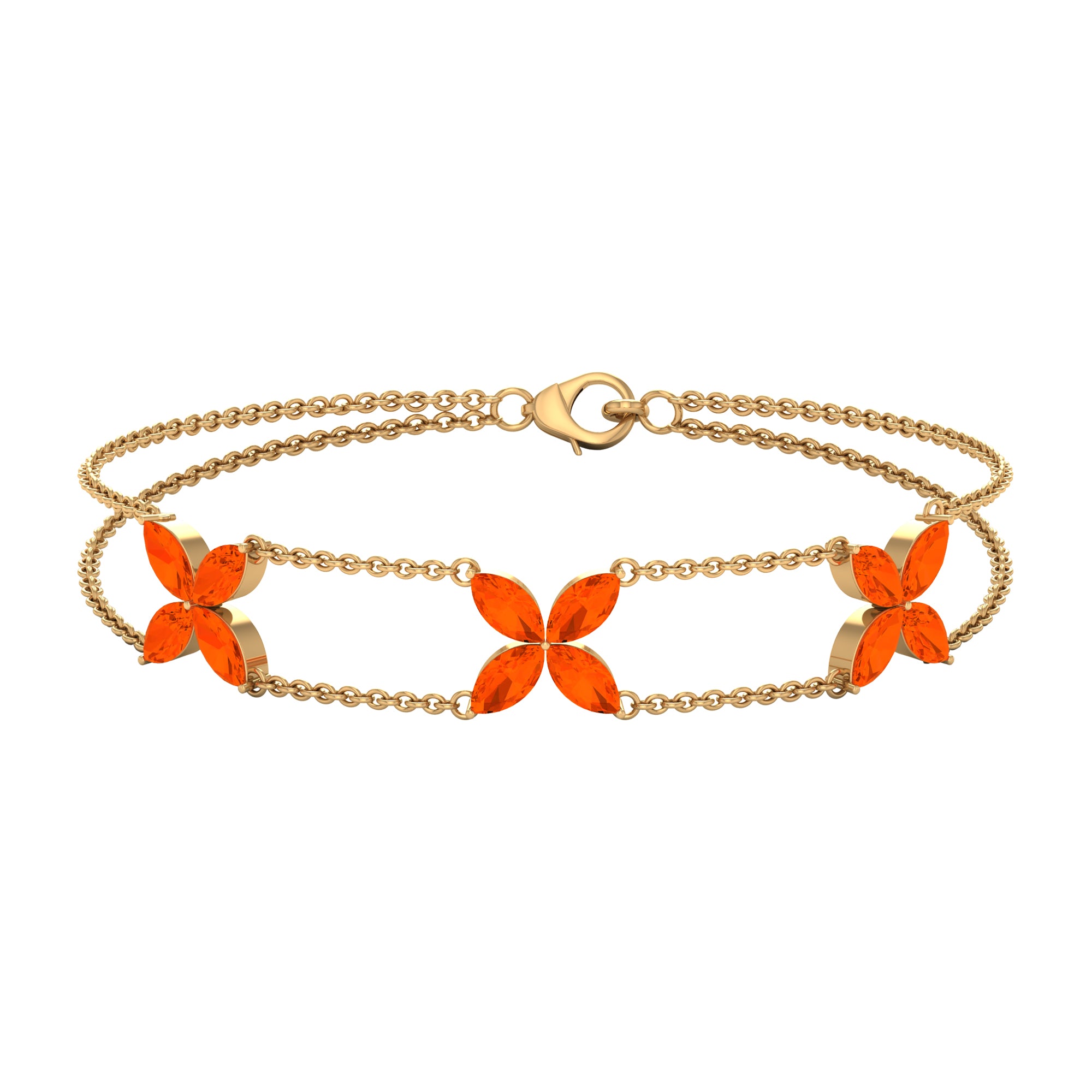 3.5 CT Marquise Fire Opal Flower Gold Double Chain Bracelet Fire Opal - ( AAA ) - Quality - Rosec Jewels