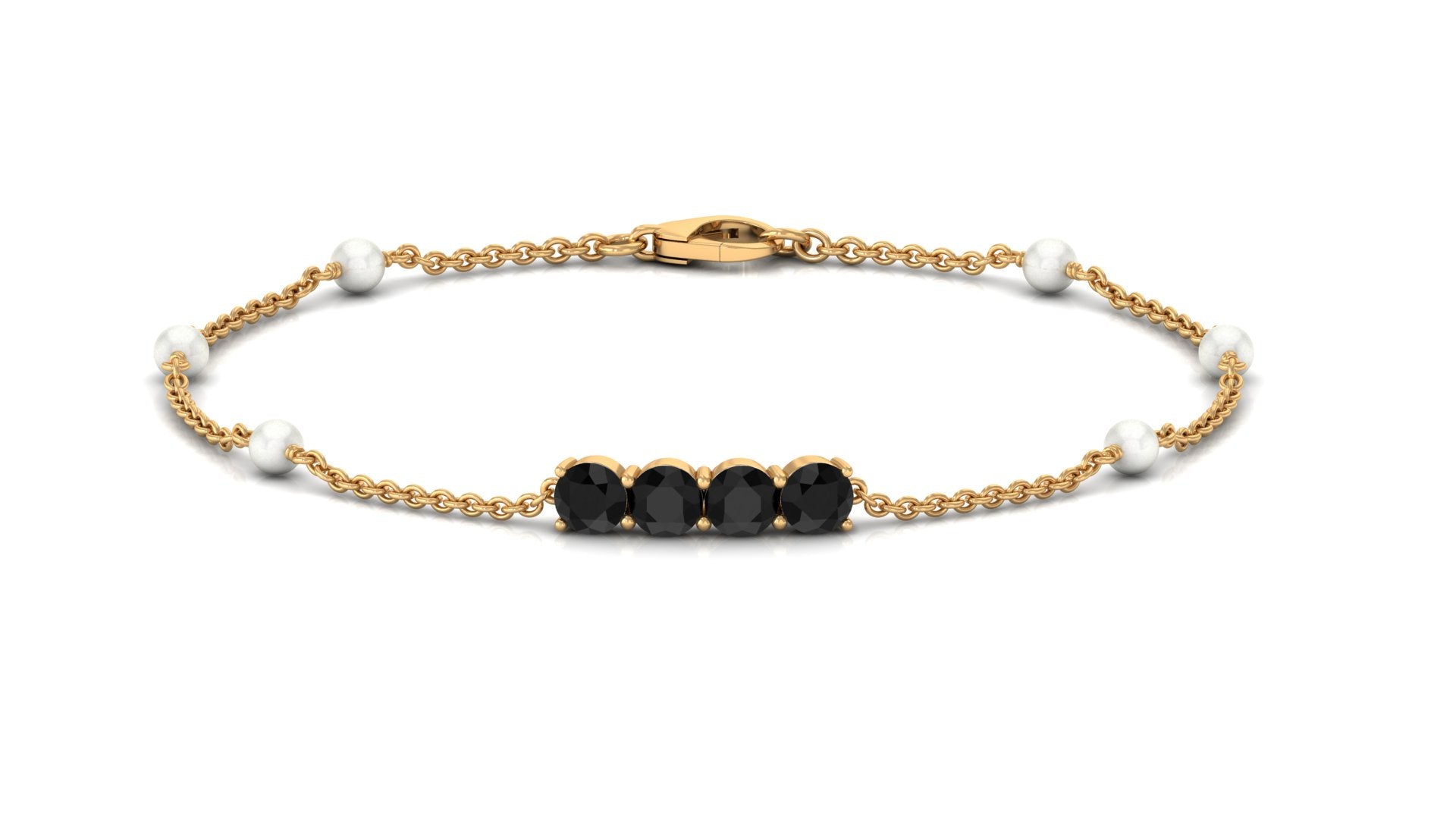 1.75 CT Black Onyx Minimal Station Chain Bracelet with Freshwater Pearl Black Onyx - ( AAA ) - Quality - Rosec Jewels