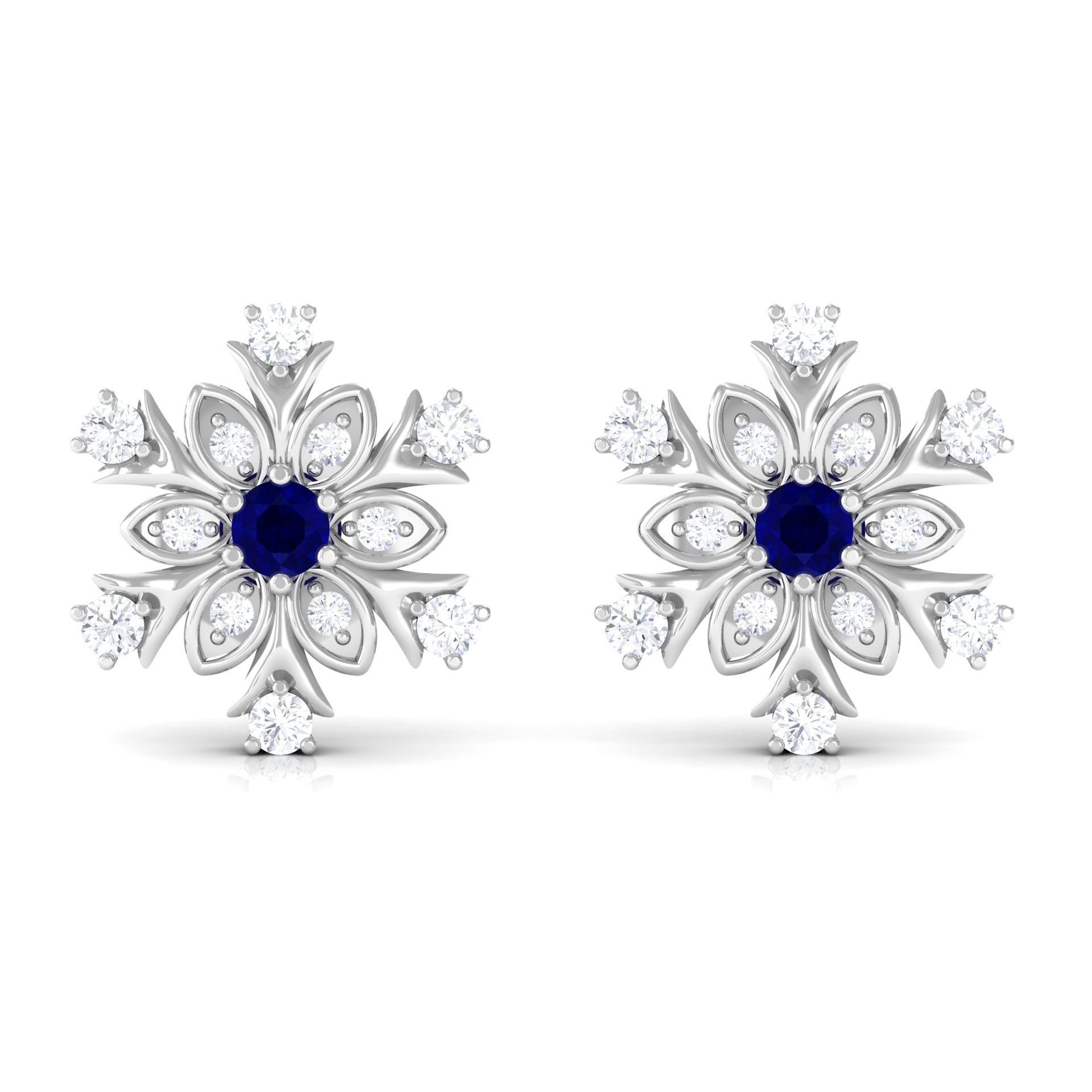 Created Blue Sapphire Snowflake Stud Earrings with Moissanite Lab Created Blue Sapphire - ( AAAA ) - Quality - Rosec Jewels