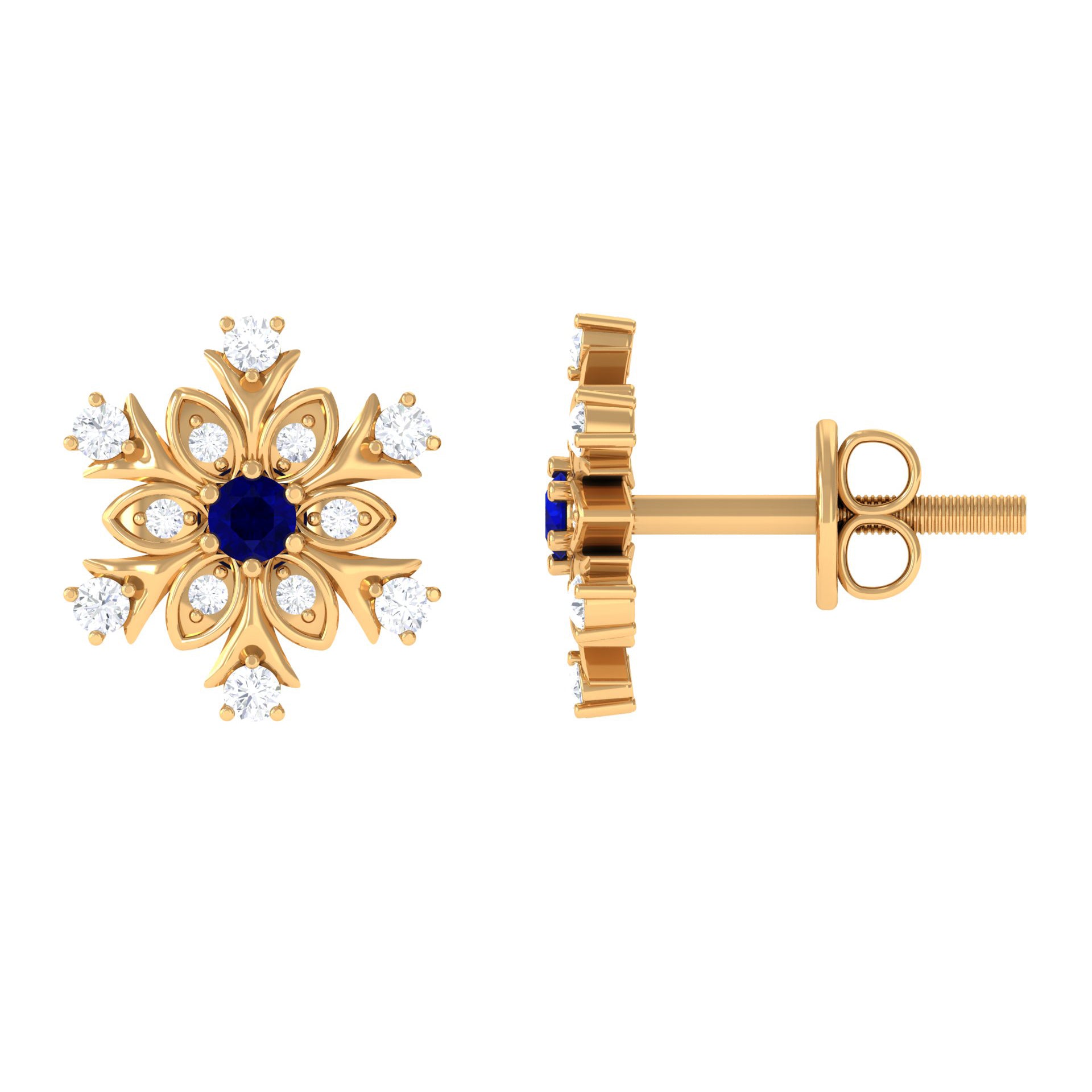 Created Blue Sapphire Snowflake Stud Earrings with Moissanite Lab Created Blue Sapphire - ( AAAA ) - Quality - Rosec Jewels