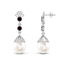 Real Freshwater Pearl and Garnet Dangle Earrings with Moissanite Freshwater Pearl - ( AAA ) - Quality - Rosec Jewels