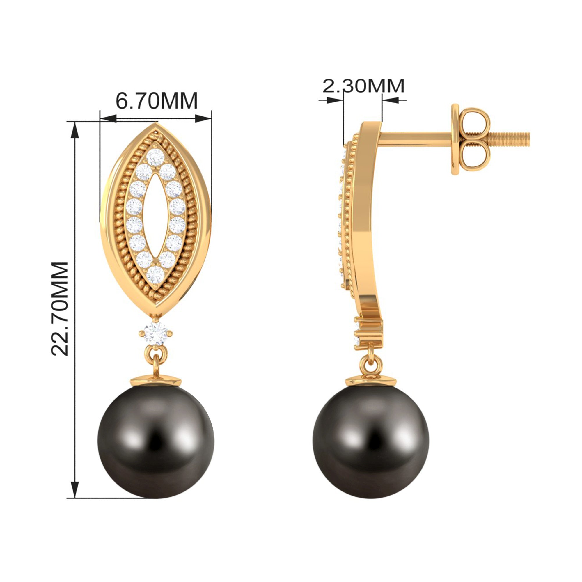 Classic Tahitian Pearl Drop Earrings with Diamonds Tahitian pearl - ( AAA ) - Quality - Rosec Jewels