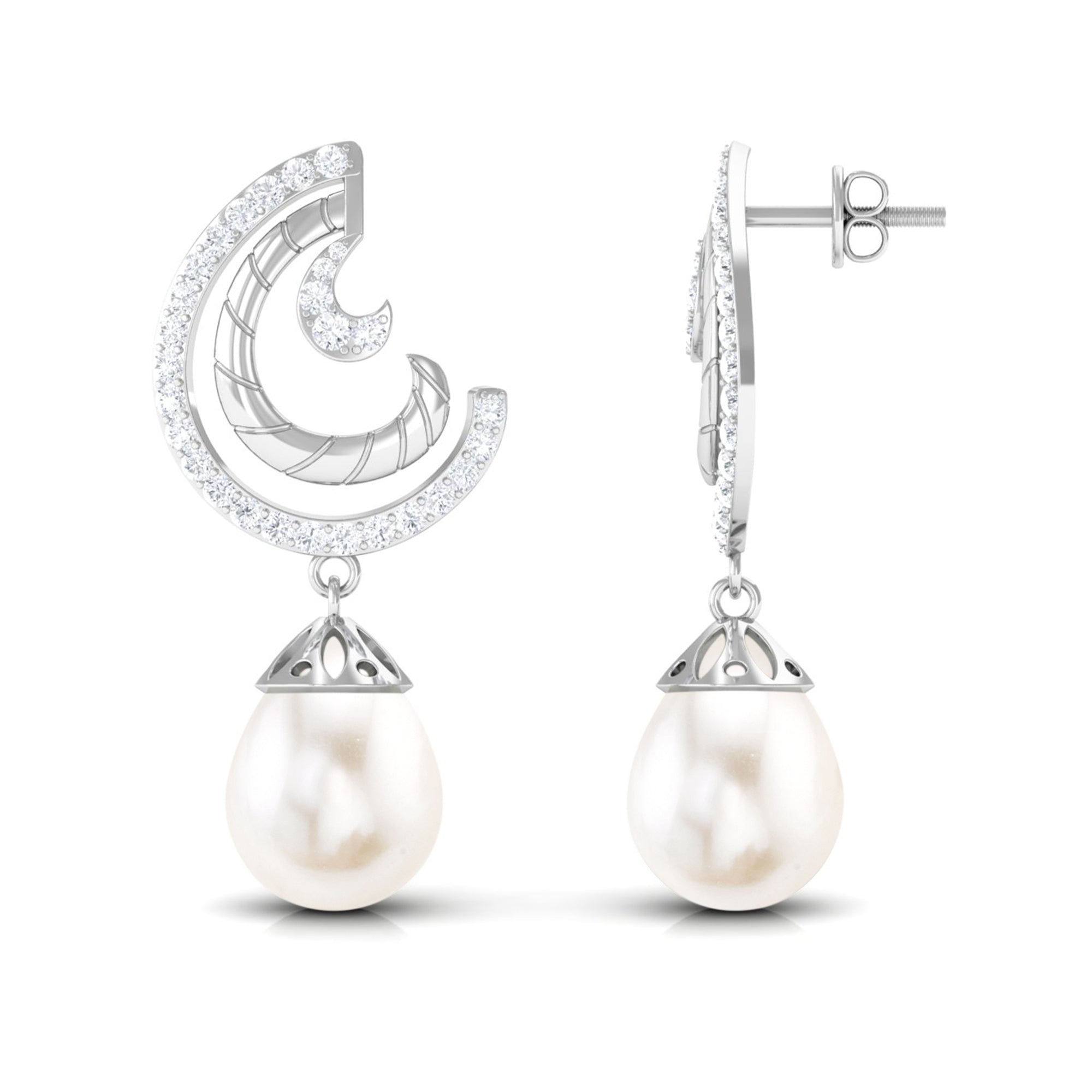 Freshwater Pearl Drop Earrings with Diamond Freshwater Pearl - ( AAA ) - Quality - Rosec Jewels