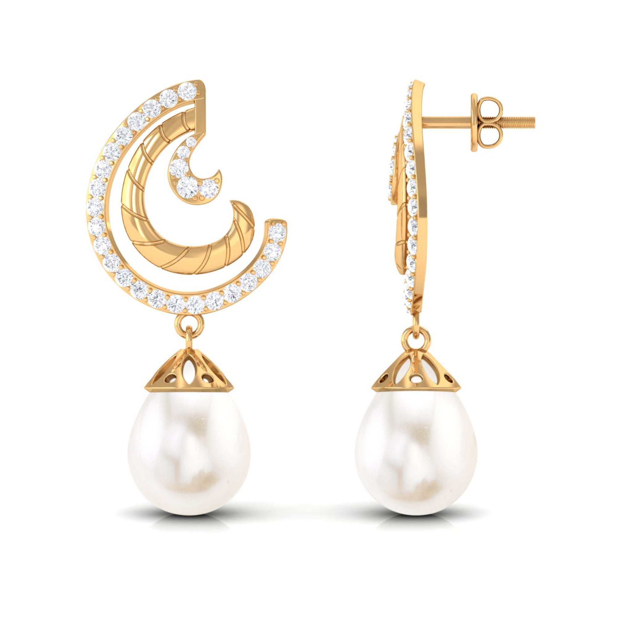 Freshwater Pearl Drop Earrings with Diamond Freshwater Pearl - ( AAA ) - Quality - Rosec Jewels