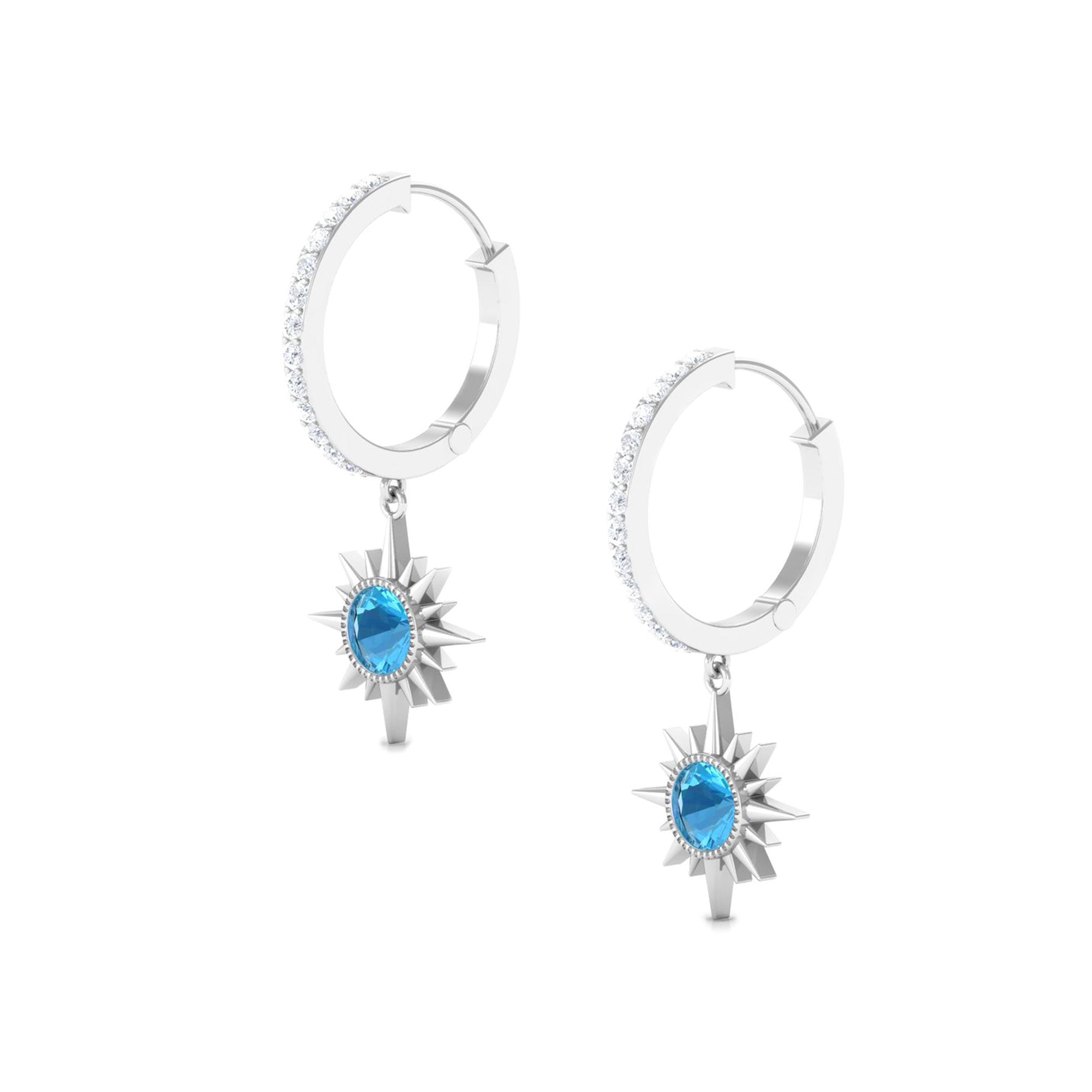 3/4 CT Swiss Blue Topaz and Diamond Sunburst Hoop Earrings Swiss Blue Topaz - ( AAA ) - Quality - Rosec Jewels