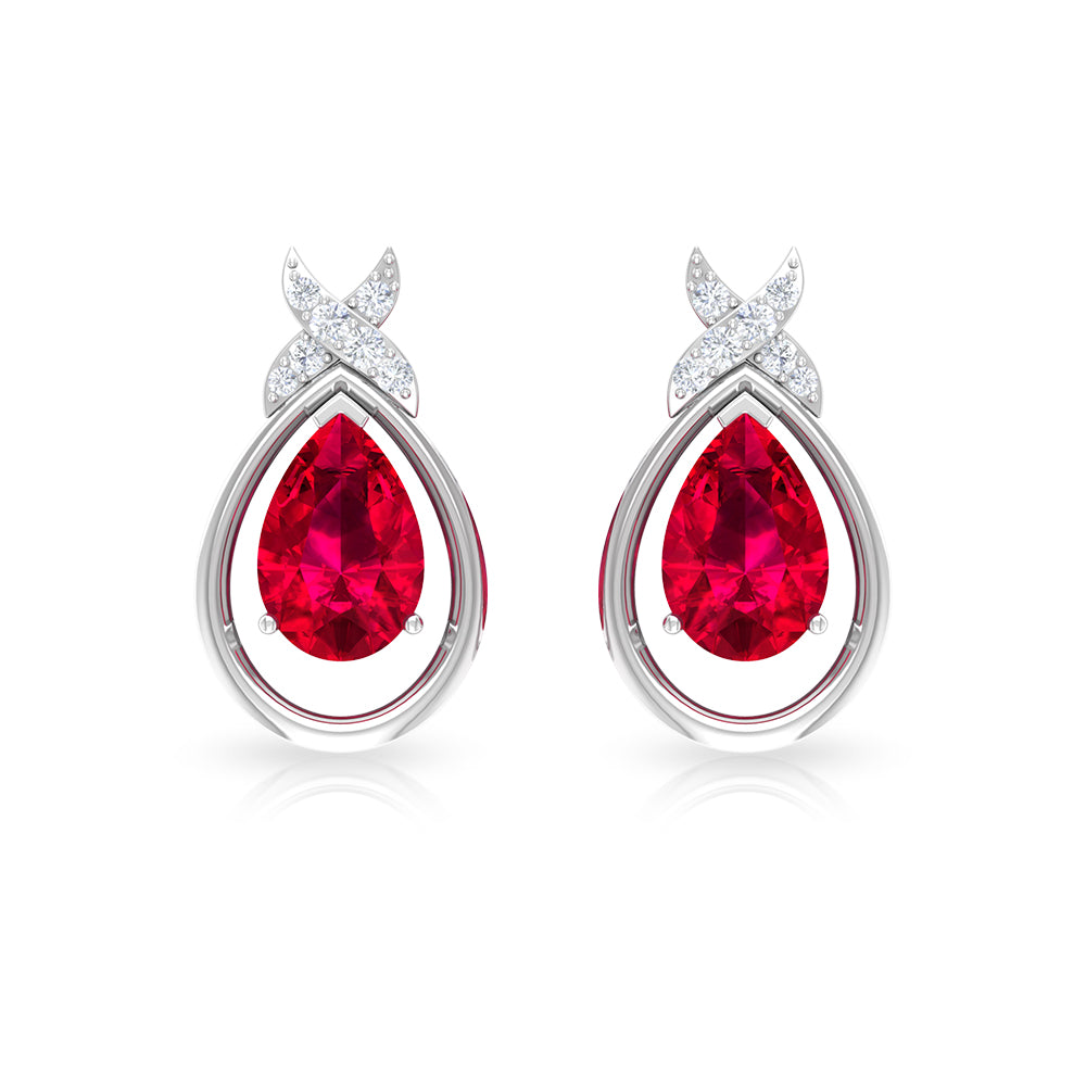 Classic Created Ruby and Diamond Teardrop Stud Earrings Lab Created Ruby - ( AAAA ) - Quality - Rosec Jewels