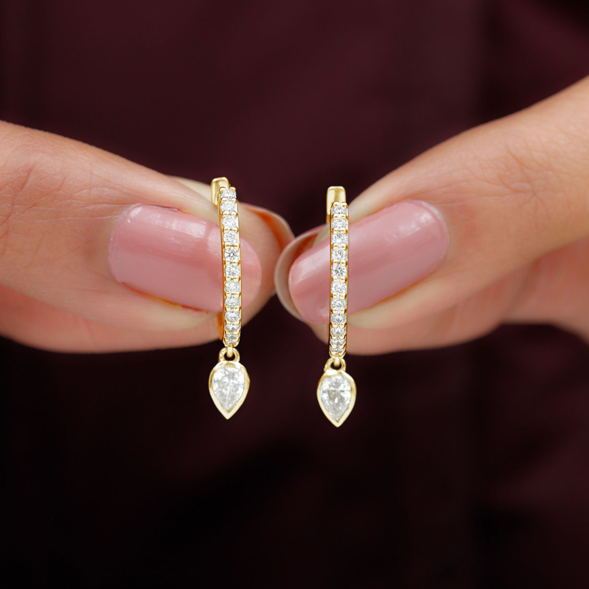 Minimal Hoop Drop Earrings with Pear and Round Shape Zircon in Gold Zircon - ( AAAA ) - Quality - Rosec Jewels