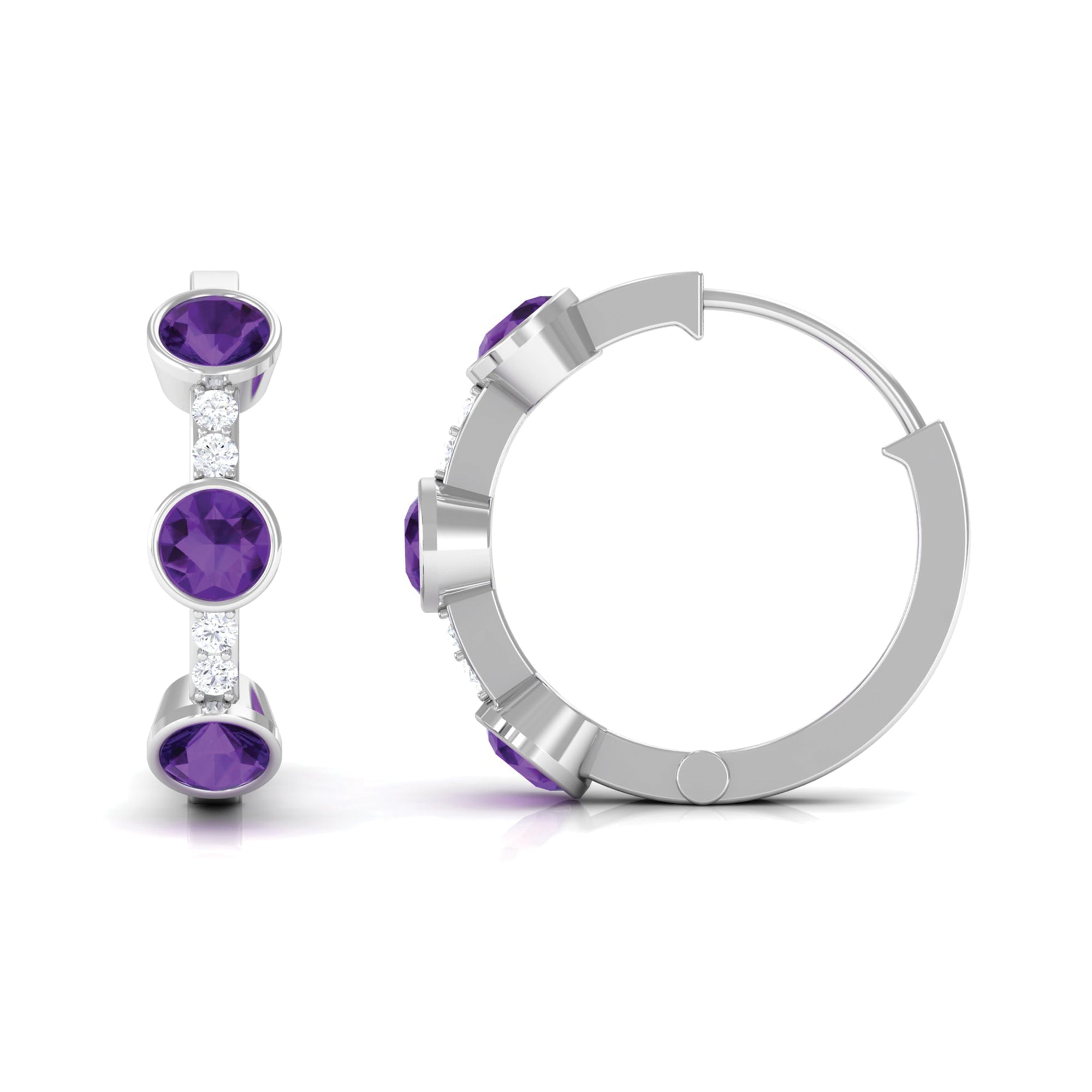 Round Amethyst and Diamond Hinged Hoop Earrings Amethyst - ( AAA ) - Quality - Rosec Jewels