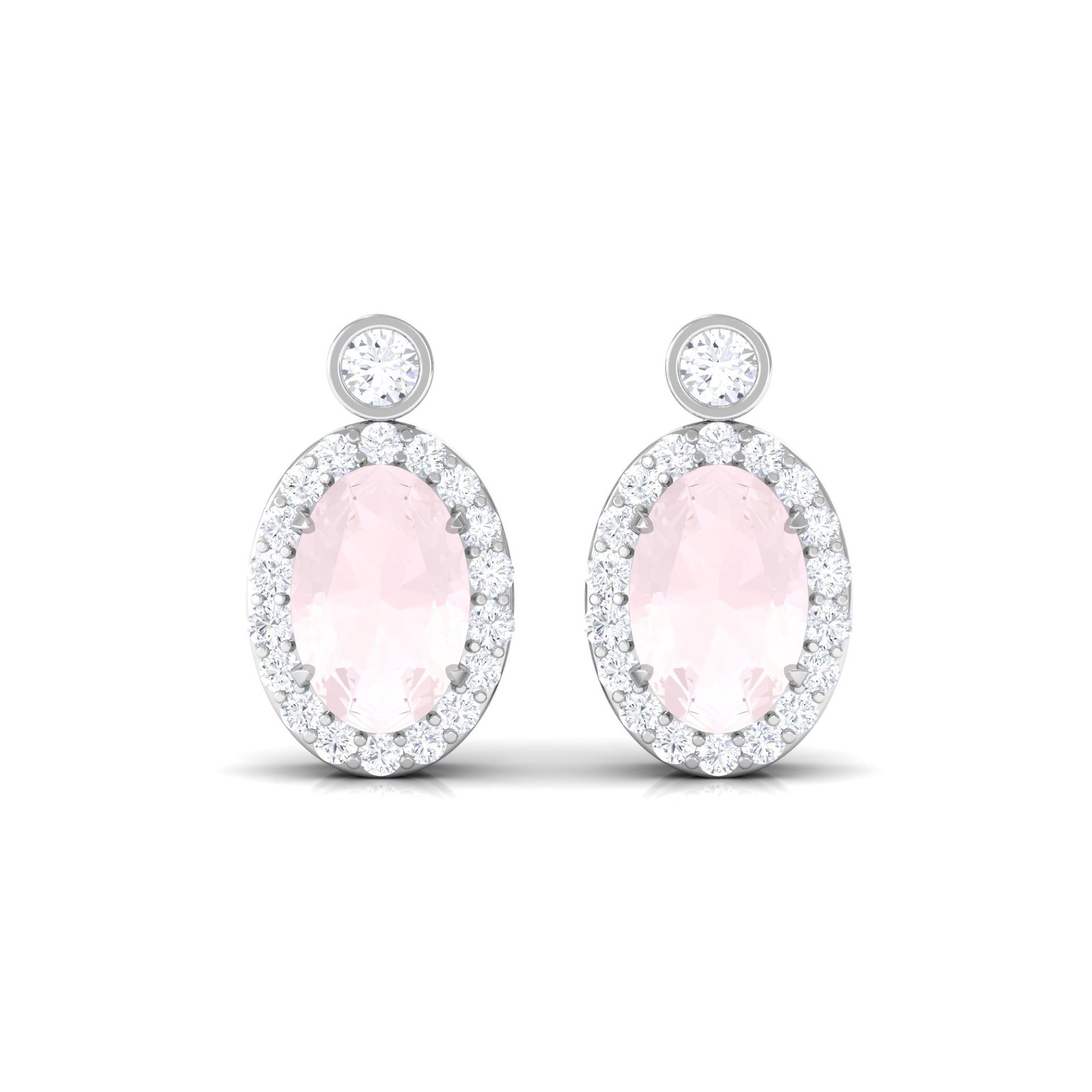 1 CT Oval Rose Quartz and Diamond Halo Stud Earrings Rose Quartz - ( AAA ) - Quality - Rosec Jewels