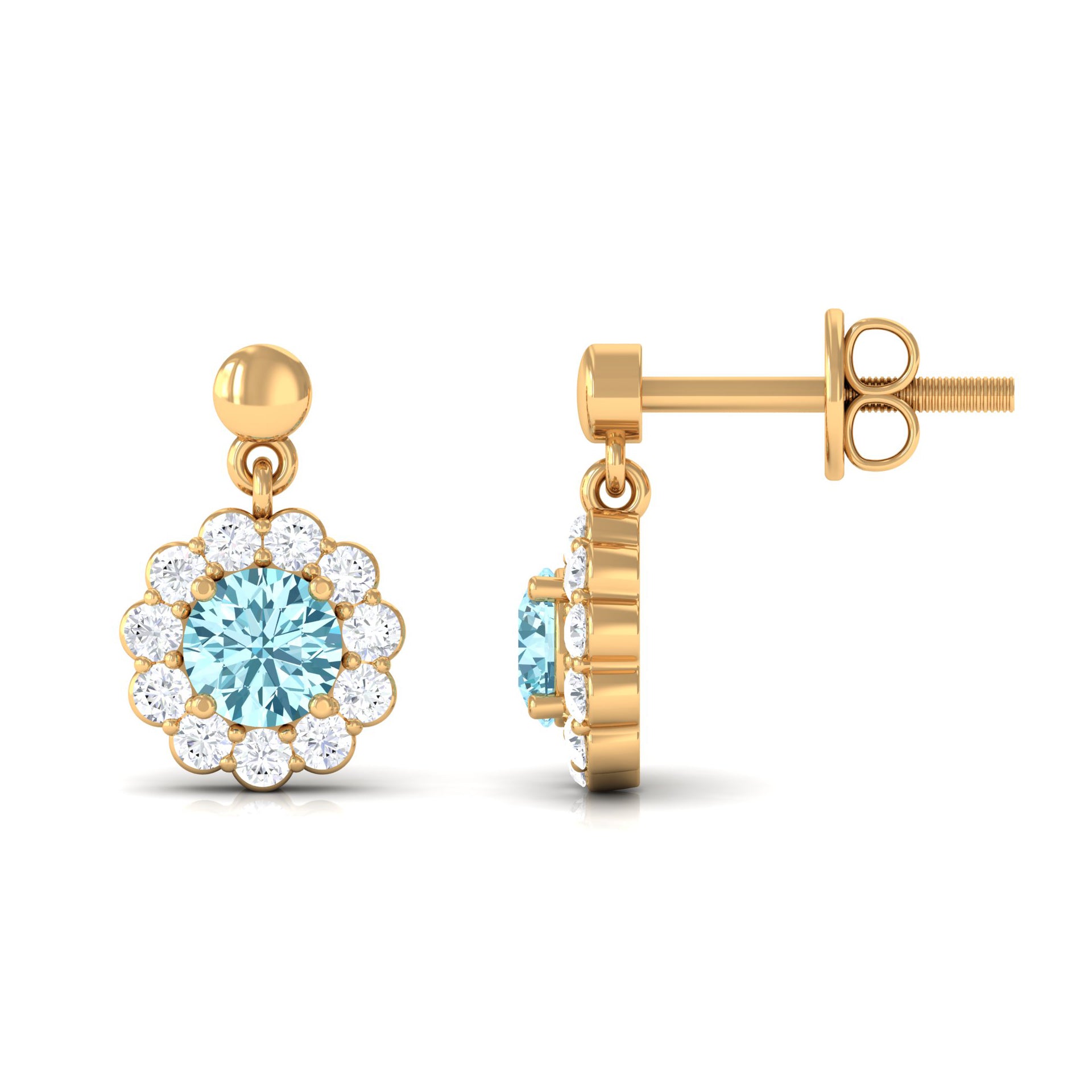 1 CT Real Aquamarine and Diamond Flower Halo Drop Earrings Aquamarine - ( AAA ) - Quality - Rosec Jewels