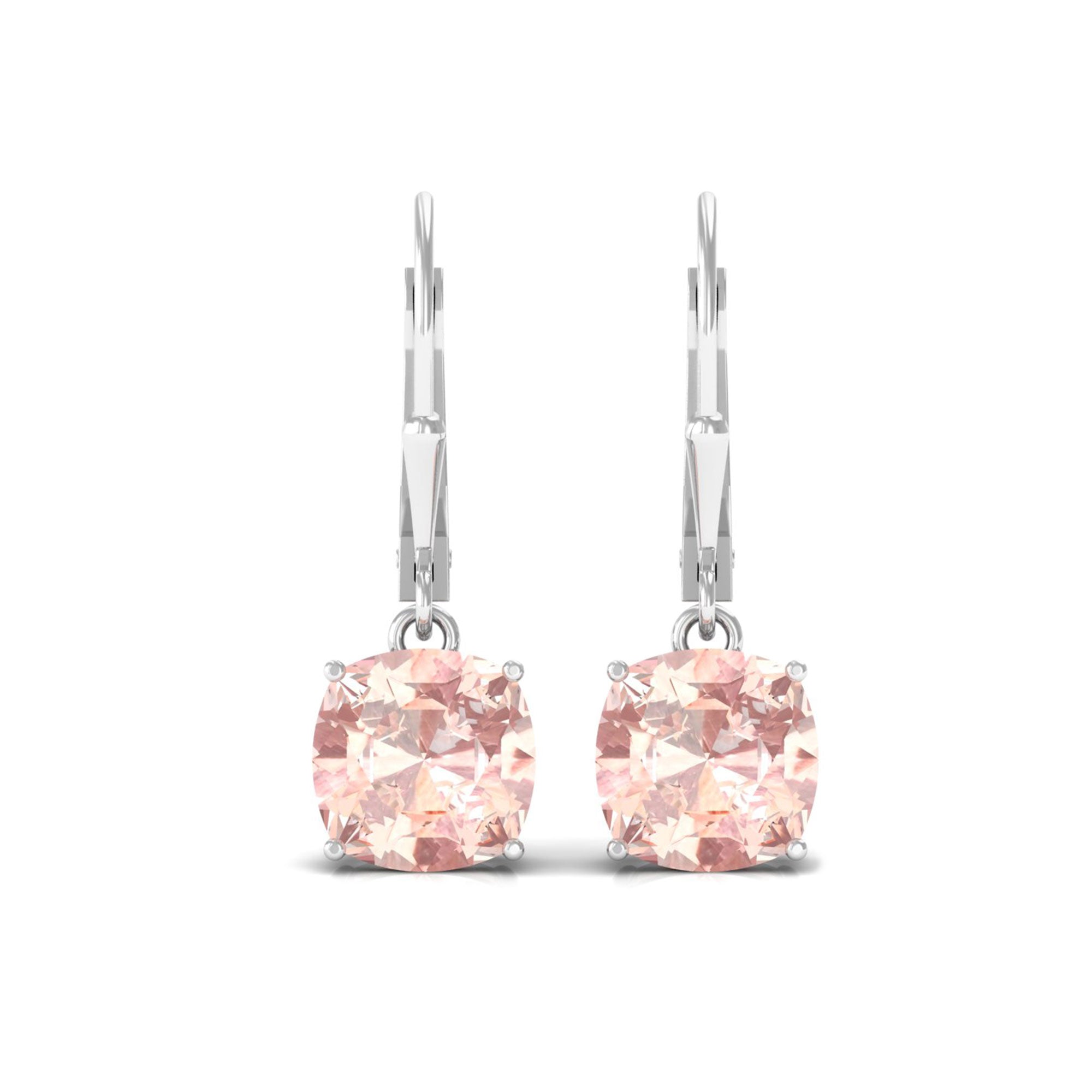 8 MM Cushion Cut Morganite Solitaire Drop Earrings with Lever Back Morganite - ( AAA ) - Quality - Rosec Jewels