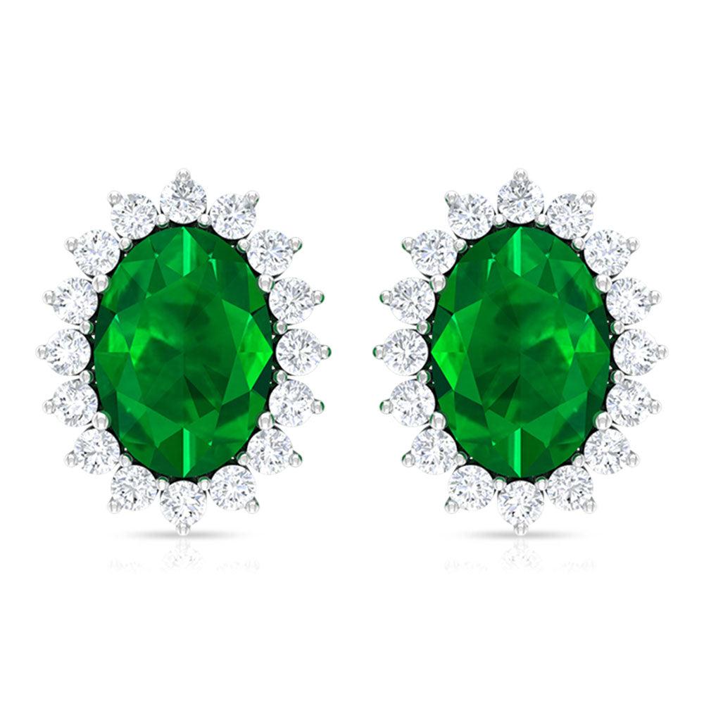 Oval Cut Natural Emerald Stud Earrings with Diamond Halo Emerald - ( AAA ) - Quality - Rosec Jewels