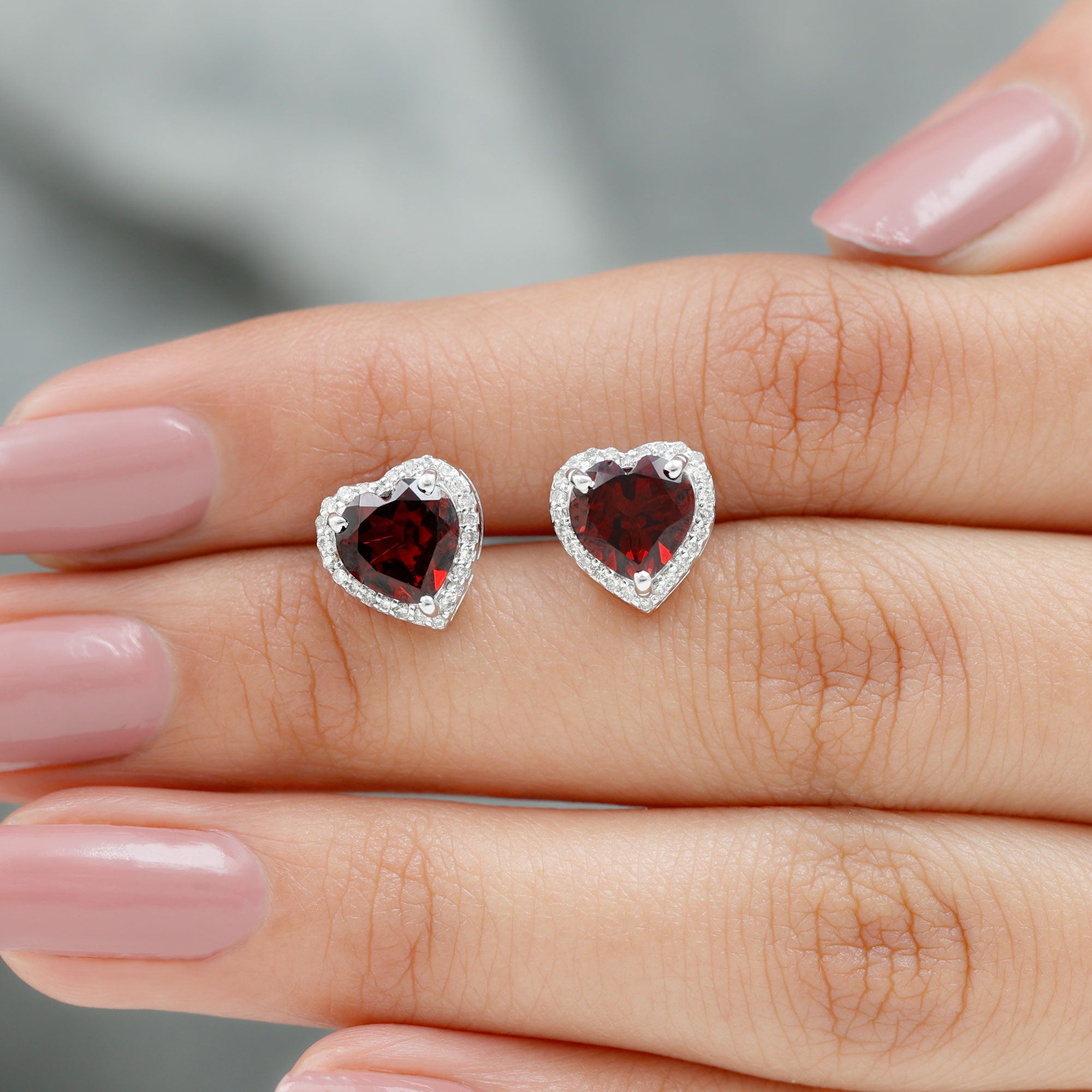 8.25 CT Heart Shape Garnet Stud Earrings with Diamond Halo Garnet - ( AAA ) - Quality - Rosec Jewels