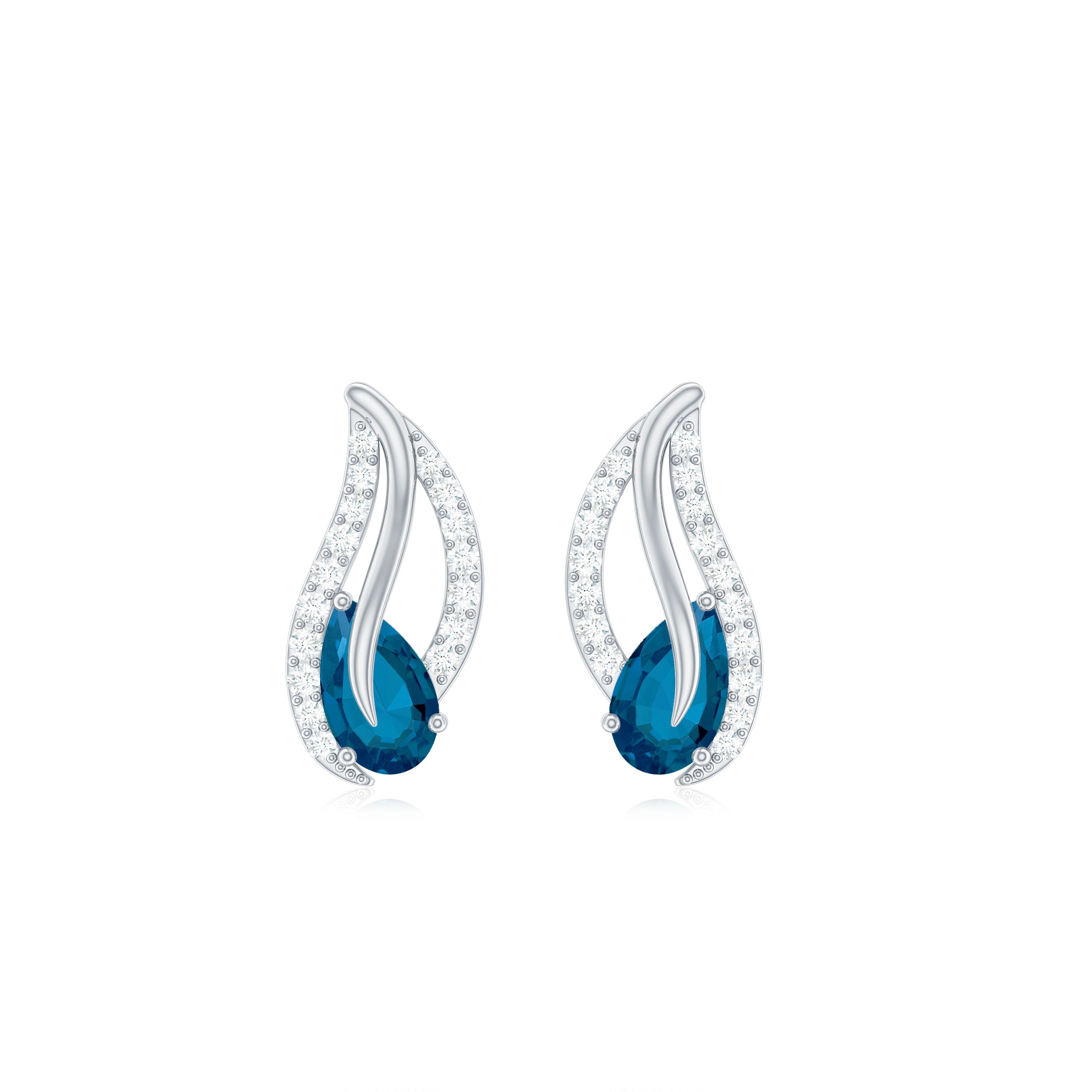 3/4 CT Pear Shape London Blue Topaz and Diamond Leaf Stud Earrings London Blue Topaz - ( AAA ) - Quality - Rosec Jewels