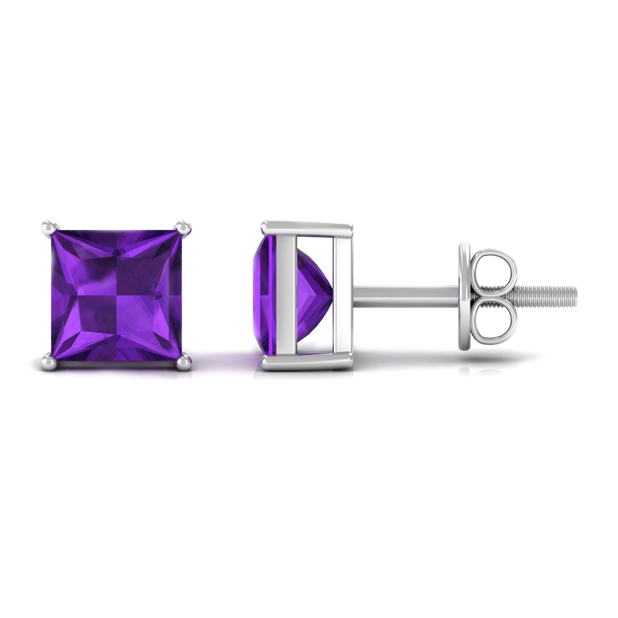 4 MM Classic Princess Cut Amethyst Solitaire Stud Earrings Amethyst - ( AAA ) - Quality - Rosec Jewels