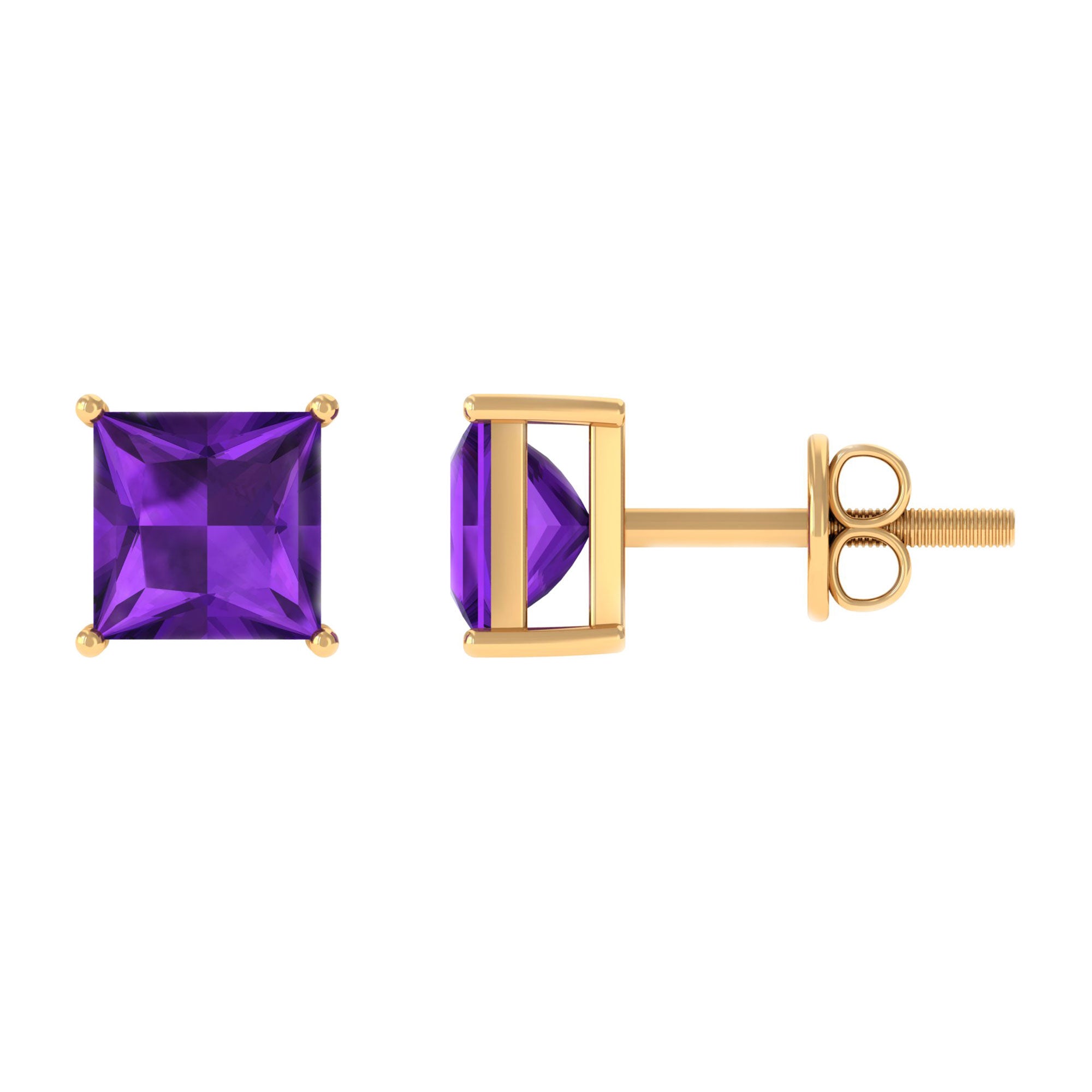 4 MM Classic Princess Cut Amethyst Solitaire Stud Earrings Amethyst - ( AAA ) - Quality - Rosec Jewels