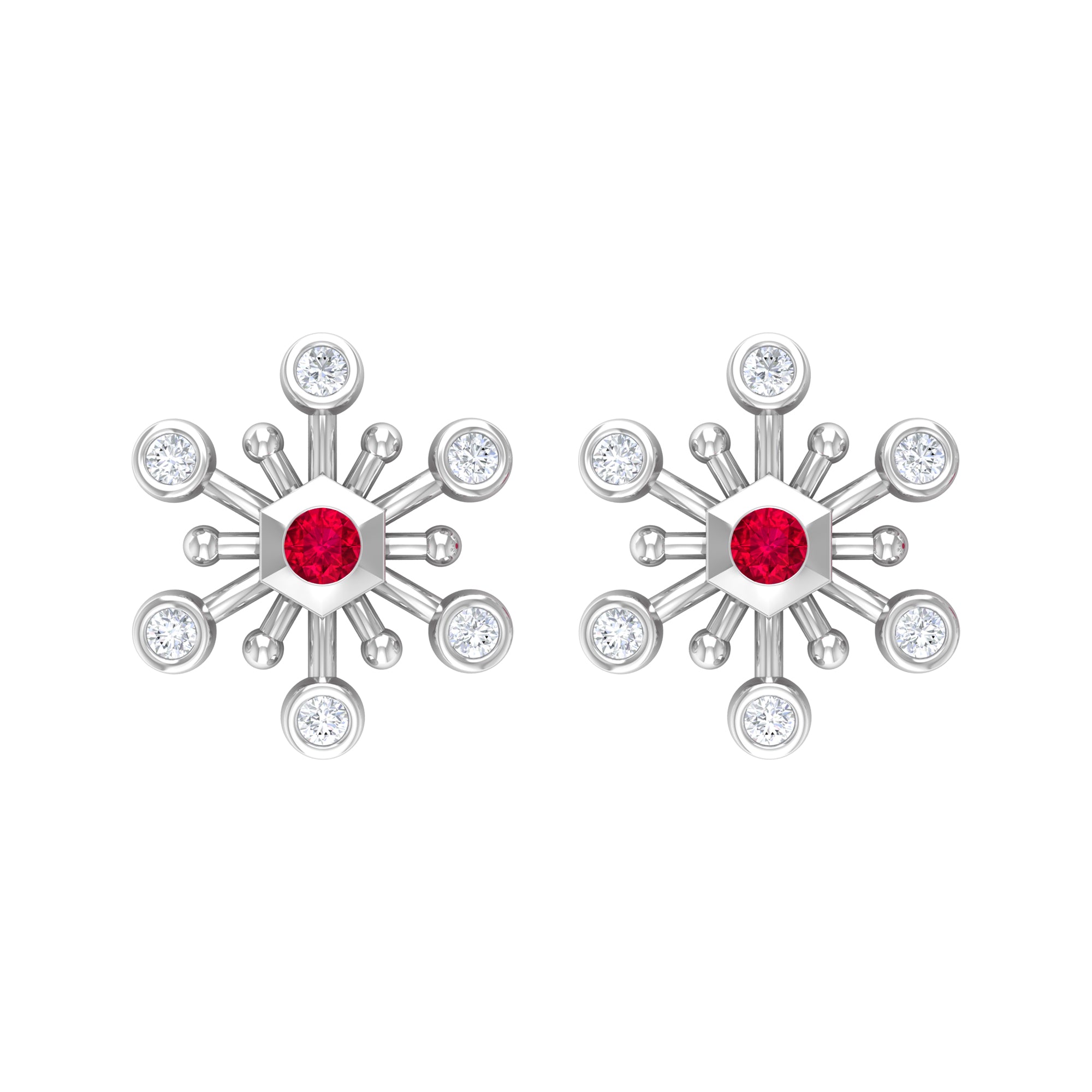 Created Ruby and Diamond Snowflake Contemporary Stud Earrings Lab Created Ruby - ( AAAA ) - Quality - Rosec Jewels