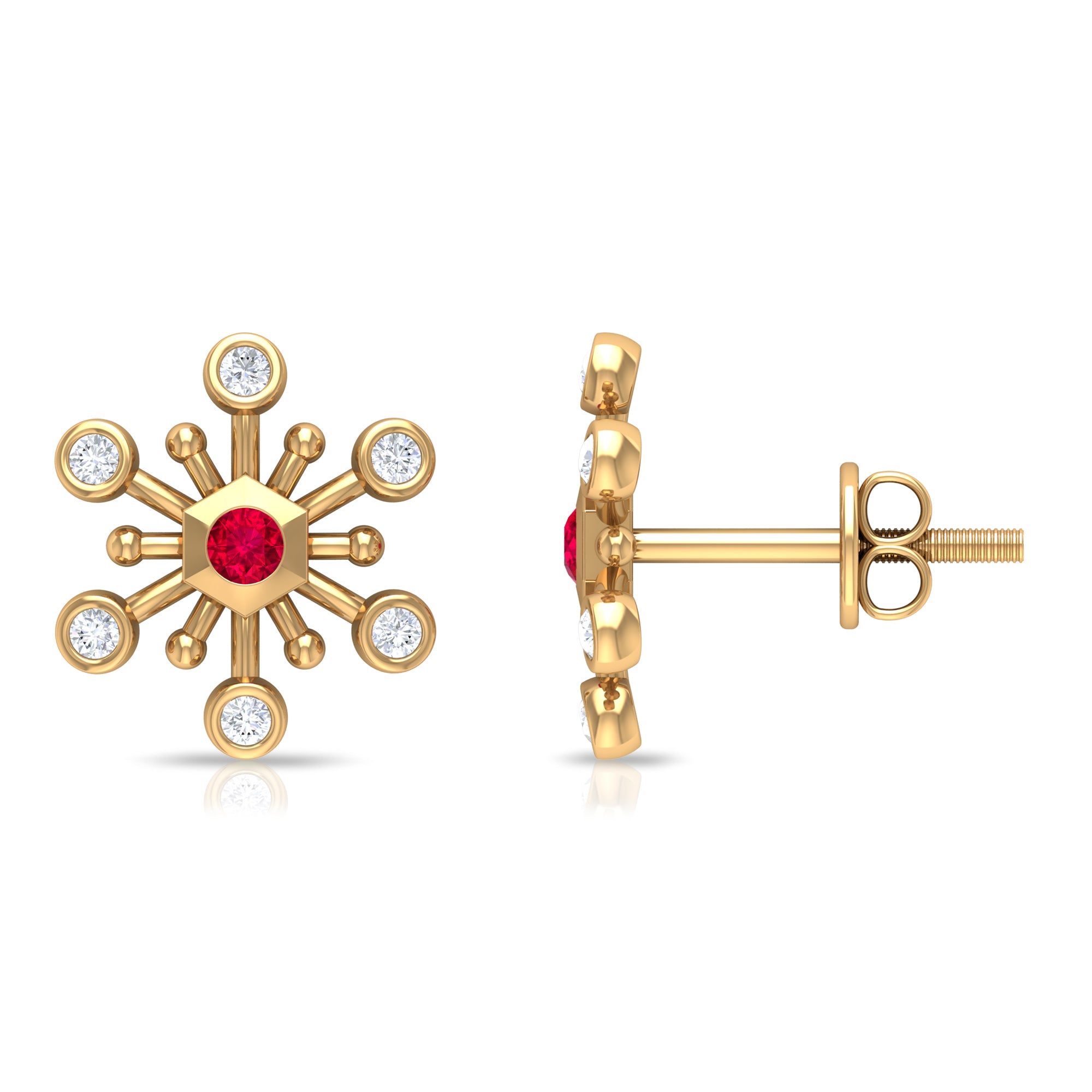 Created Ruby and Diamond Snowflake Contemporary Stud Earrings Lab Created Ruby - ( AAAA ) - Quality - Rosec Jewels