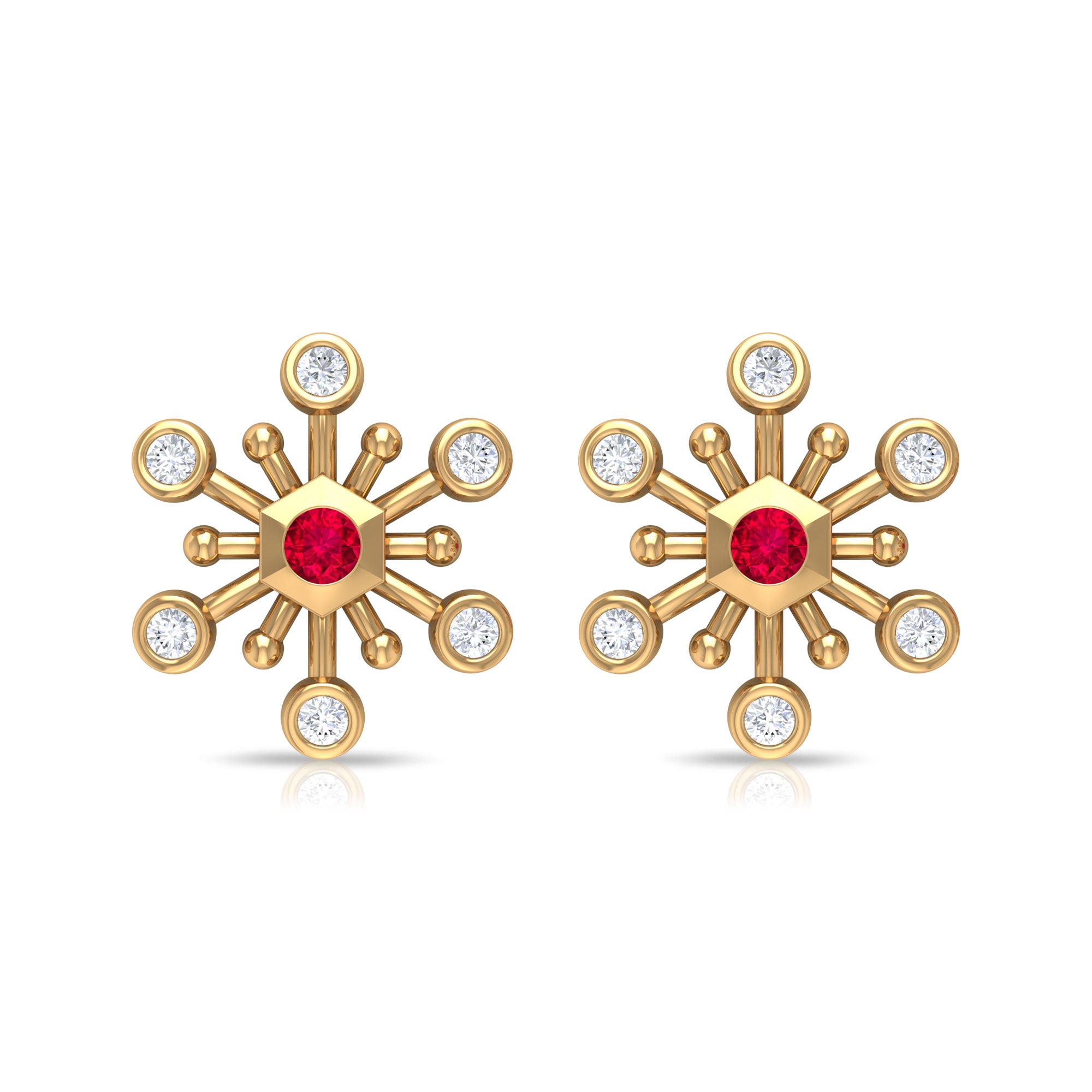 Created Ruby and Diamond Snowflake Contemporary Stud Earrings Lab Created Ruby - ( AAAA ) - Quality - Rosec Jewels