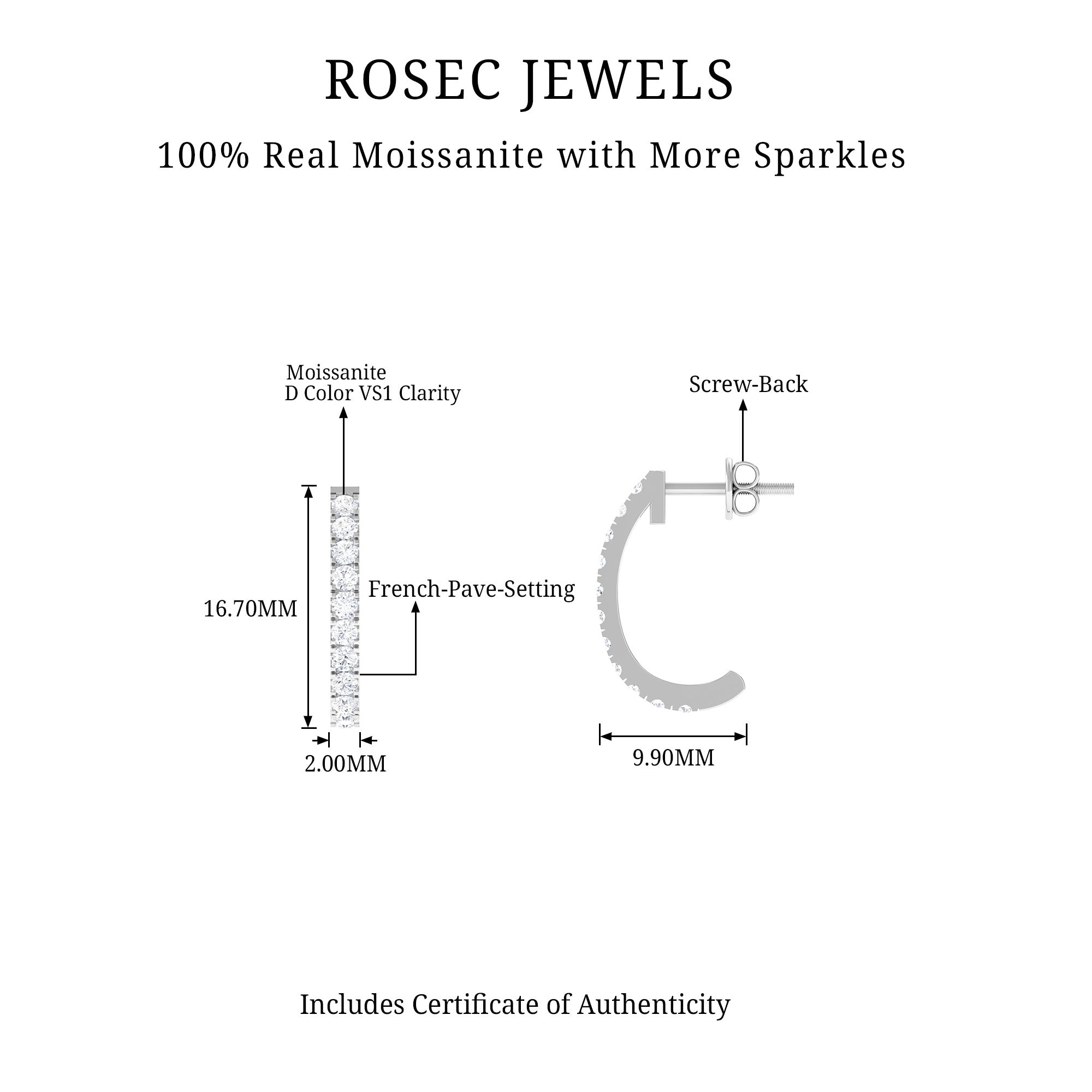 Certified Moissanite Simple Hoop Earrings Moissanite - ( D-VS1 ) - Color and Clarity - Rosec Jewels