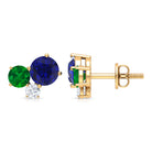 1 CT Blue Sapphire and Emerald Tiny Stud Earrings with Moissanite Blue Sapphire - ( AAA ) - Quality - Rosec Jewels