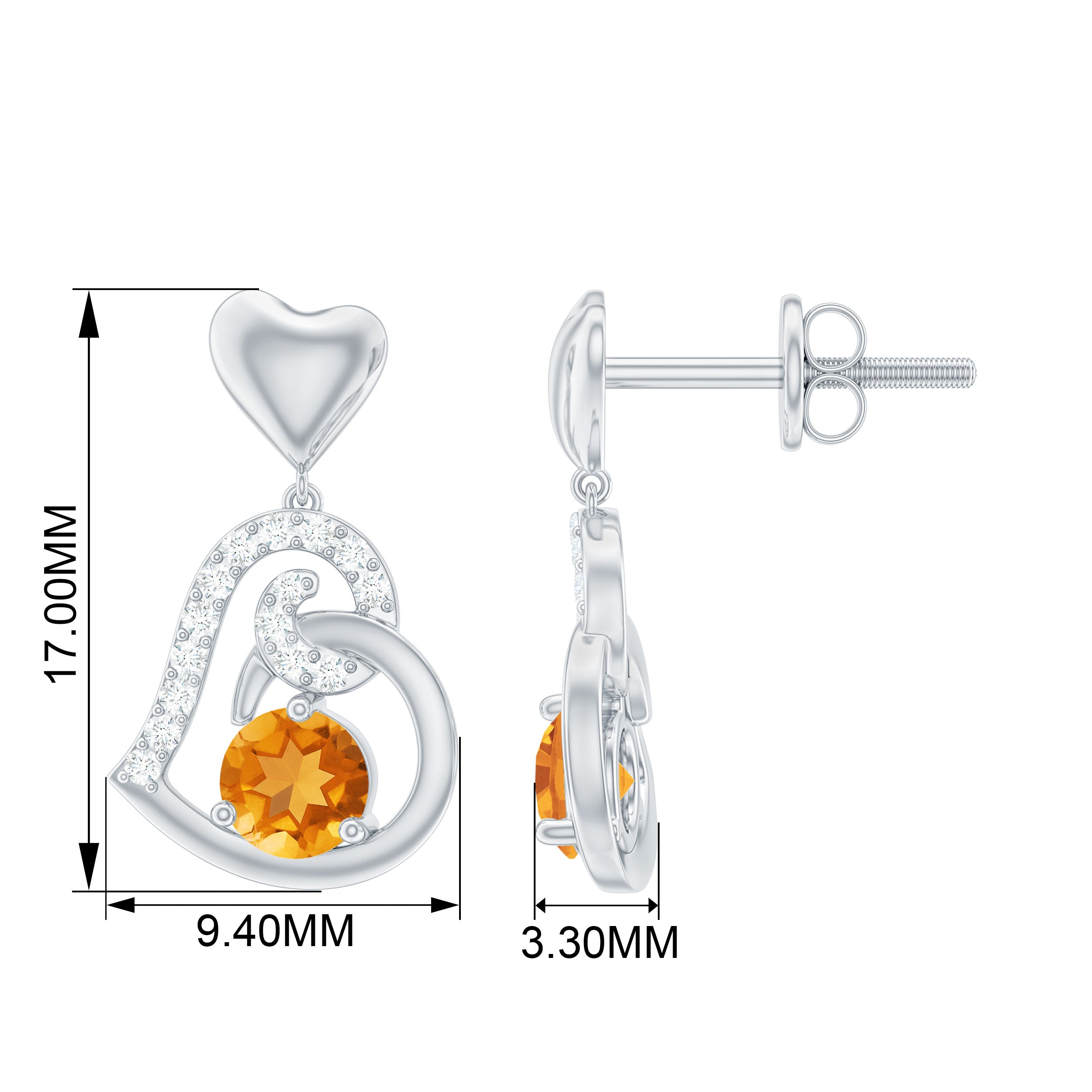 Round Citrine and Moissanite Accent Heart Drop Earring Citrine - ( AAA ) - Quality - Rosec Jewels